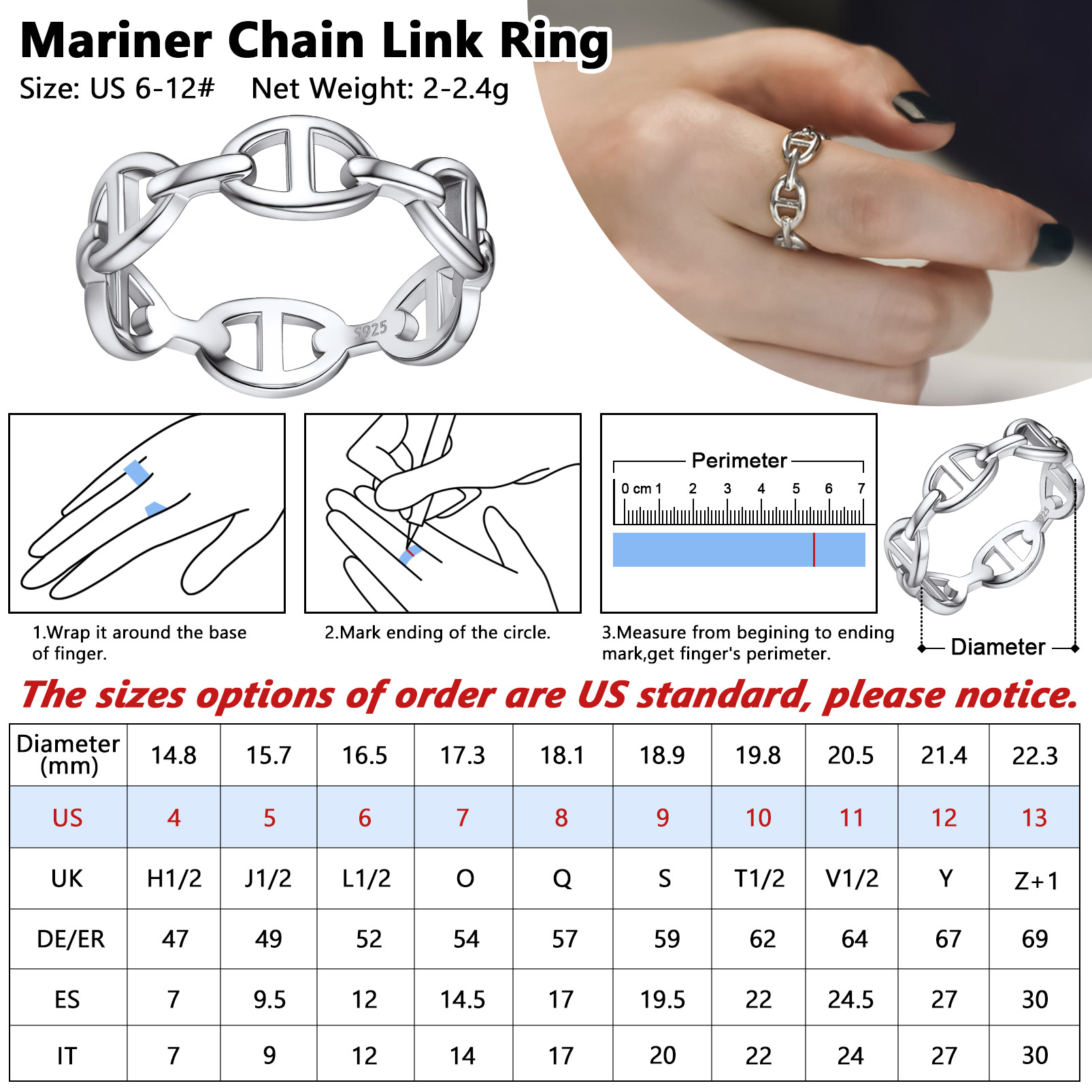 How to measure Sterling Silver ChicSilver Mariner Chians Link Finger Rings at home