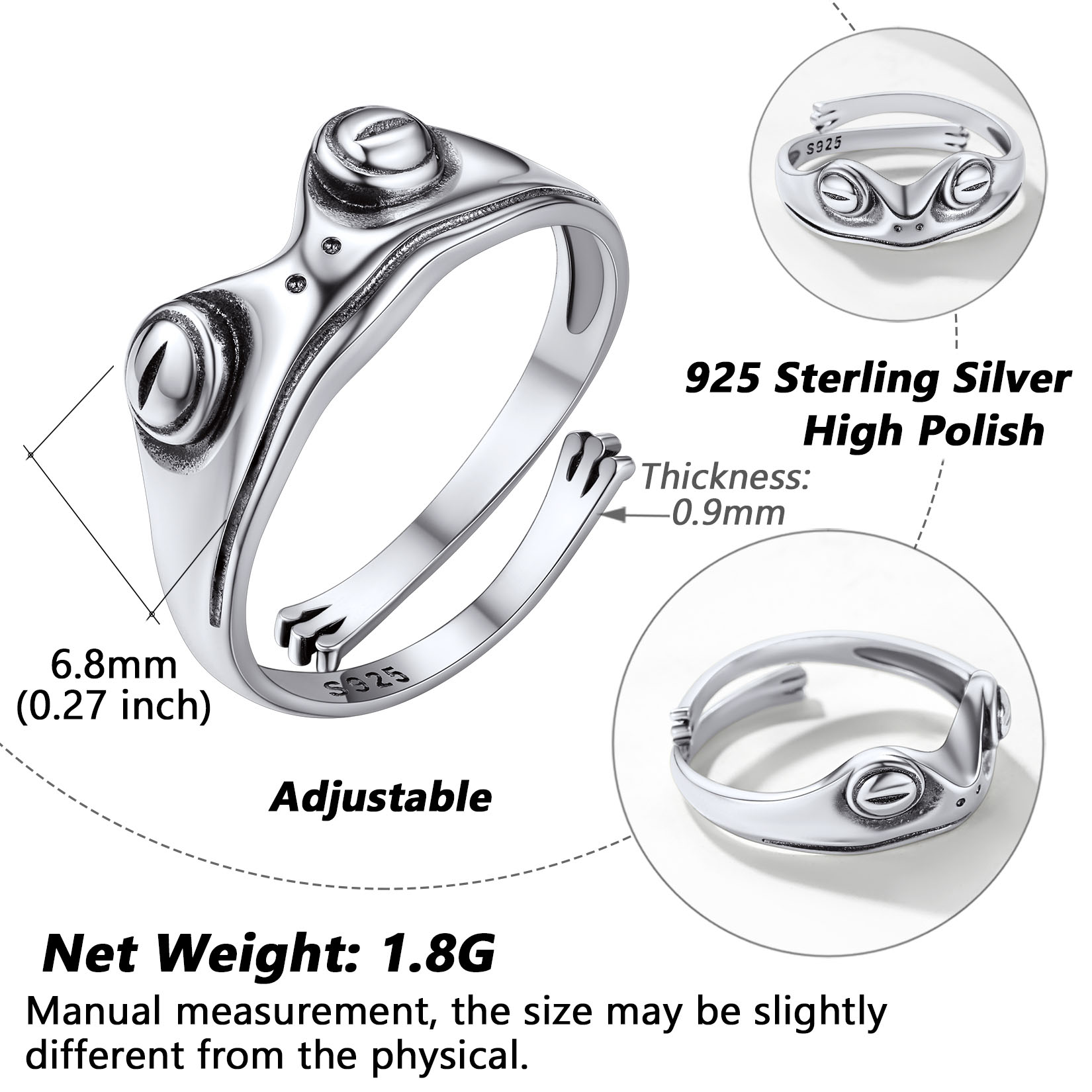 Sterling Silver Frog Cute Animal Adjustable Ring for Women