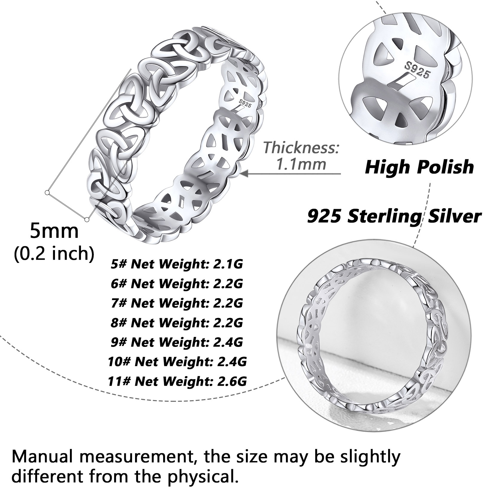 Celtic Knot Eternity Irish Love Wedding Engagement Rings Details: Dimensions, Hypoallergenic, size for 5~11