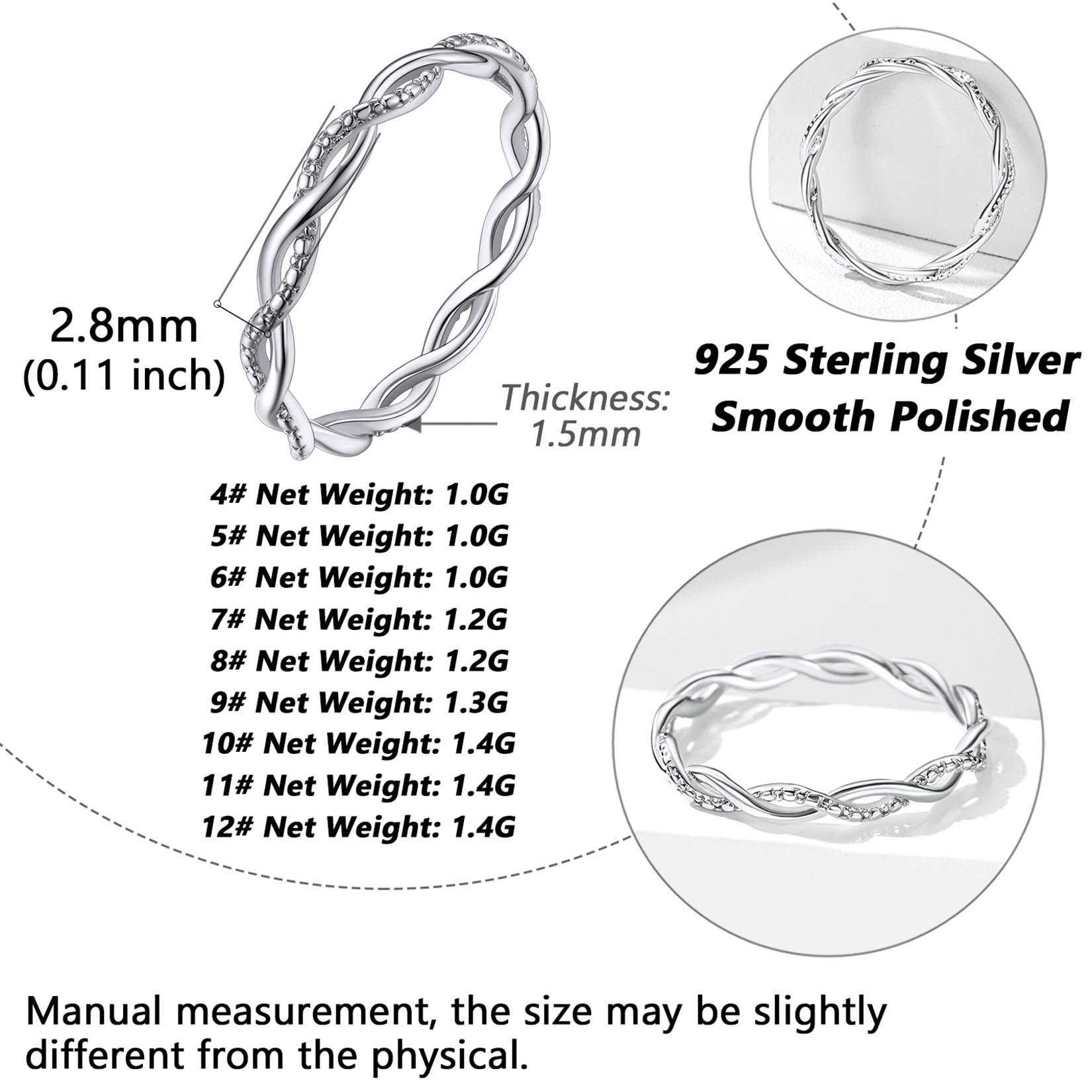 Simple Twisted Full Cubic Zirconia Band Ring Details: Dimensions, Hypoallergenic, US size for 4~12