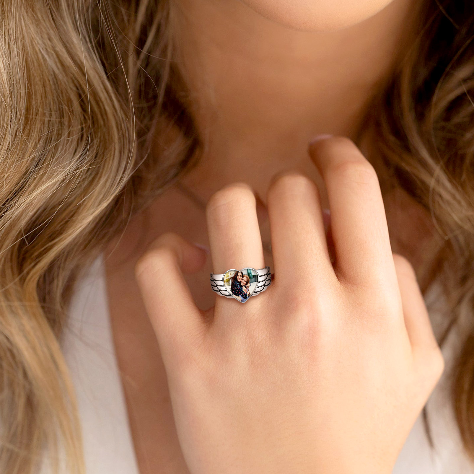Sterling Silver Heart Wings Custom Photo Ring For Her