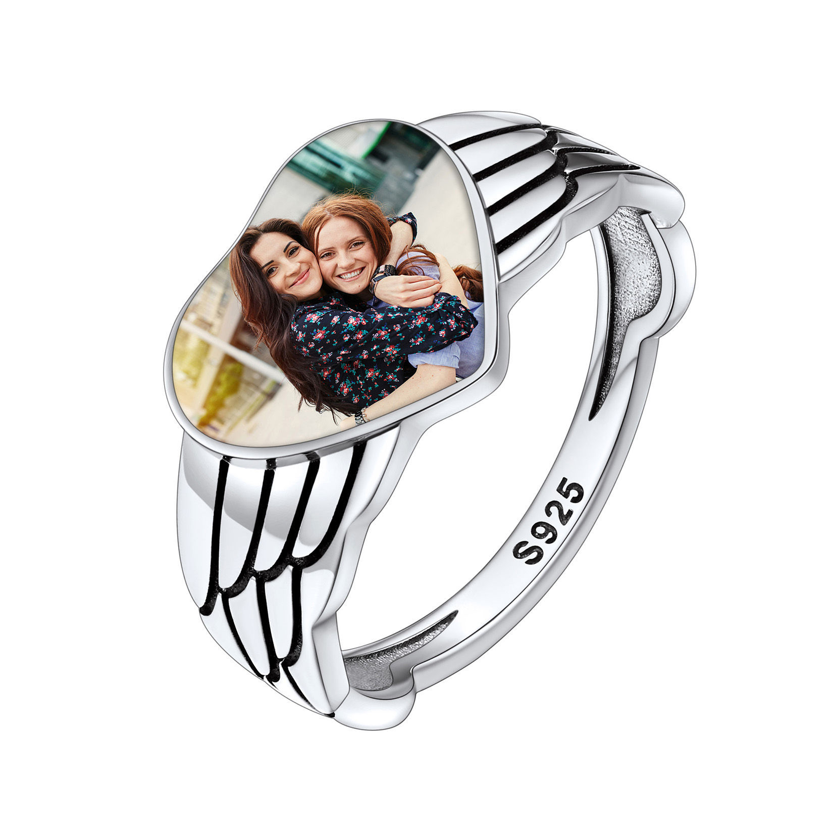 Sterling Silver Heart Wings Custom Photo Ring For Her
