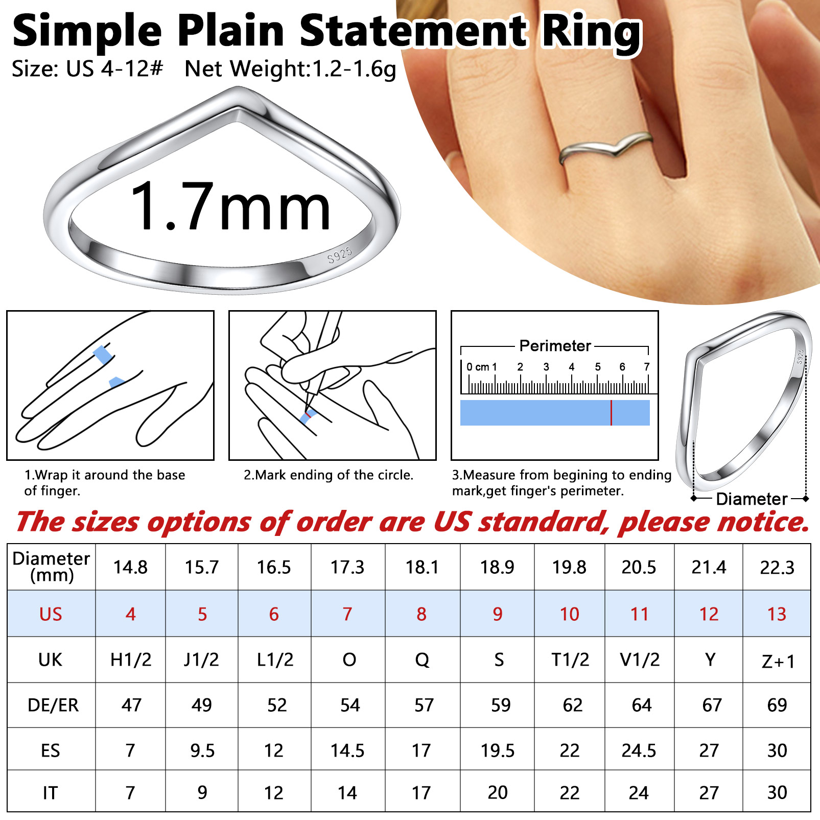 Ring size chart - How to measure Sterling Silver ChicSilver Dainty Wishbone Wedding Band Ring at home