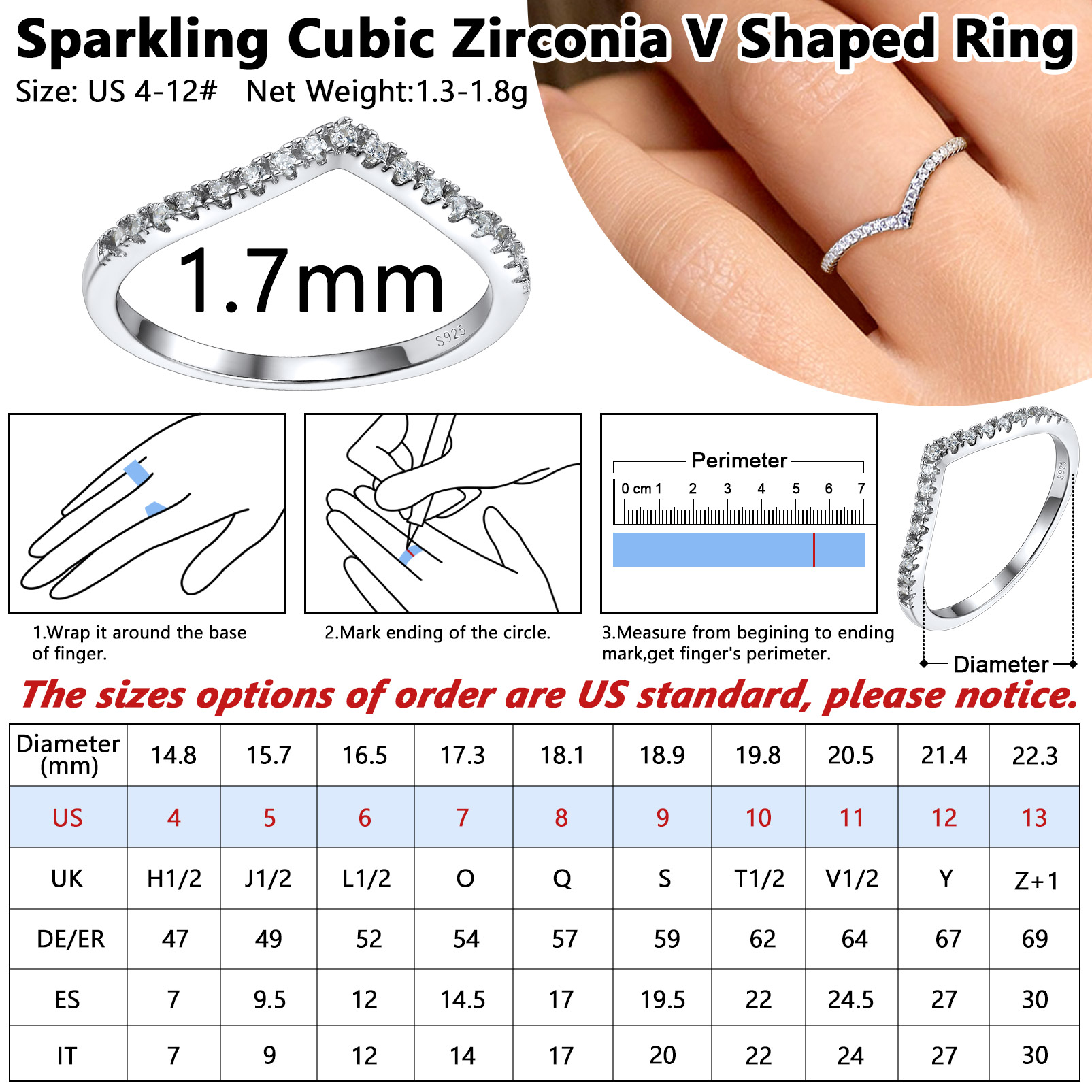 How to measure Sterling Silver ChicSilver Cubic Zirconia Wishbone Ring at home, Details: Dimensions, Hypoallergenic, US size for 4~12