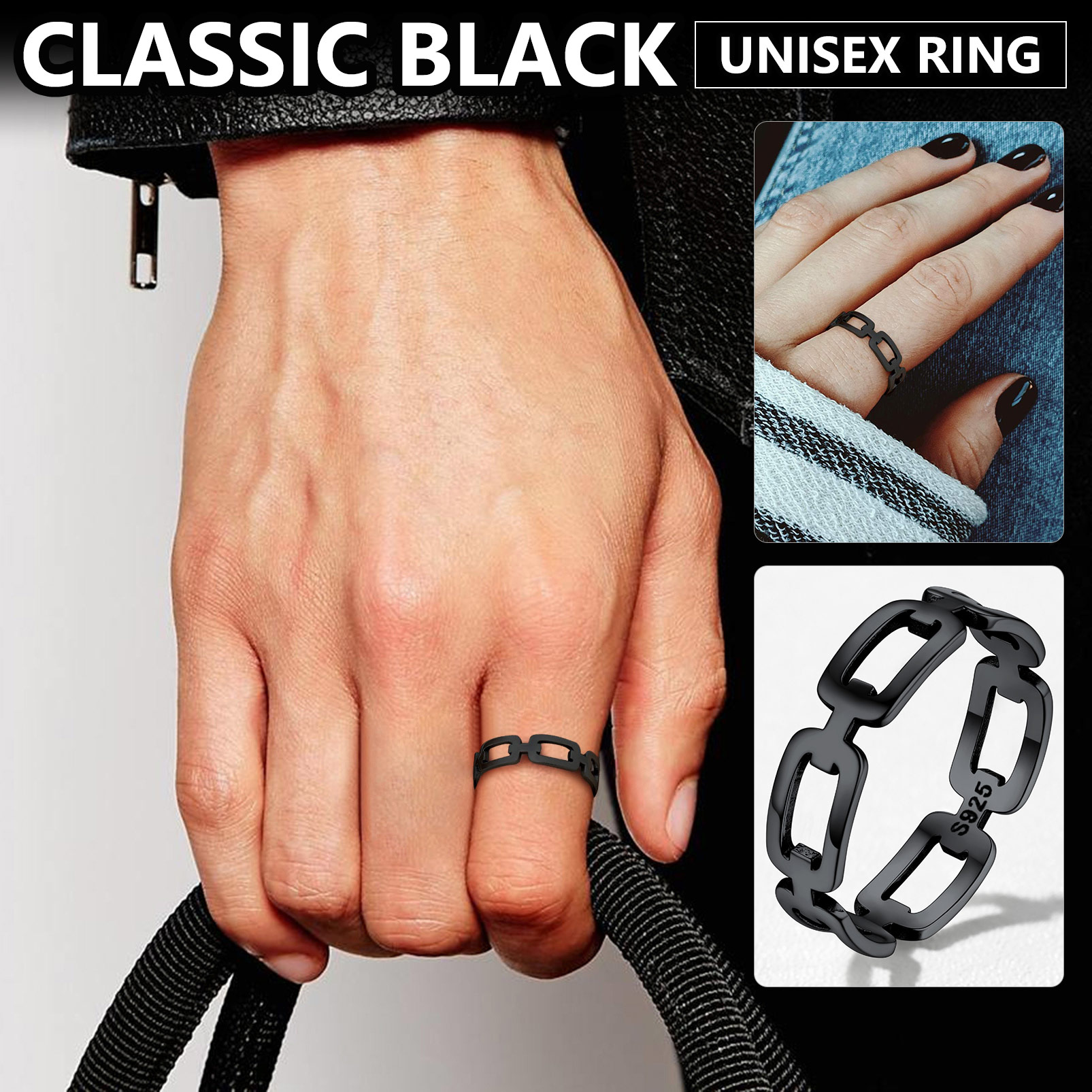 Stackable Black Wheat Cuban Link Rings for Women/Ladies/Men/Mother/Father/Friends/Couples/girlfriend/teenager