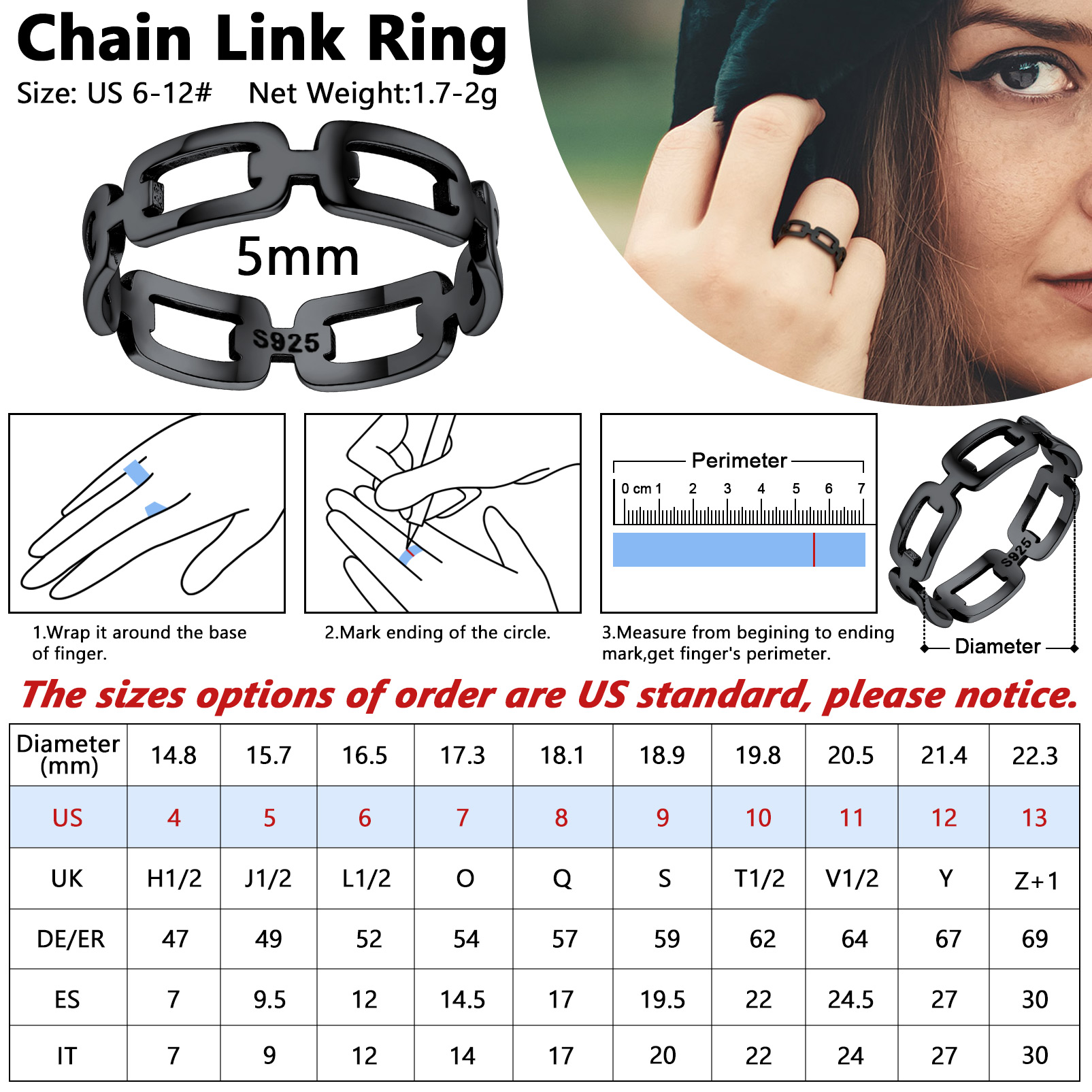 Stackable Black Wheat Cuban Link Rings, How to measure ring size at home
