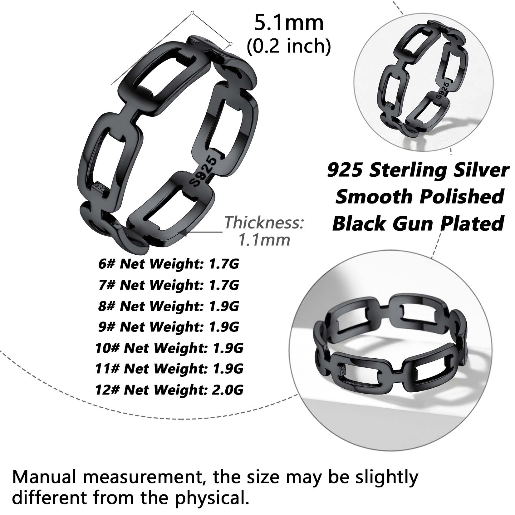 Stackable Black Wheat Cuban Link Rings Details: Dimensions, Hypoallergenic, Available in size 6-12