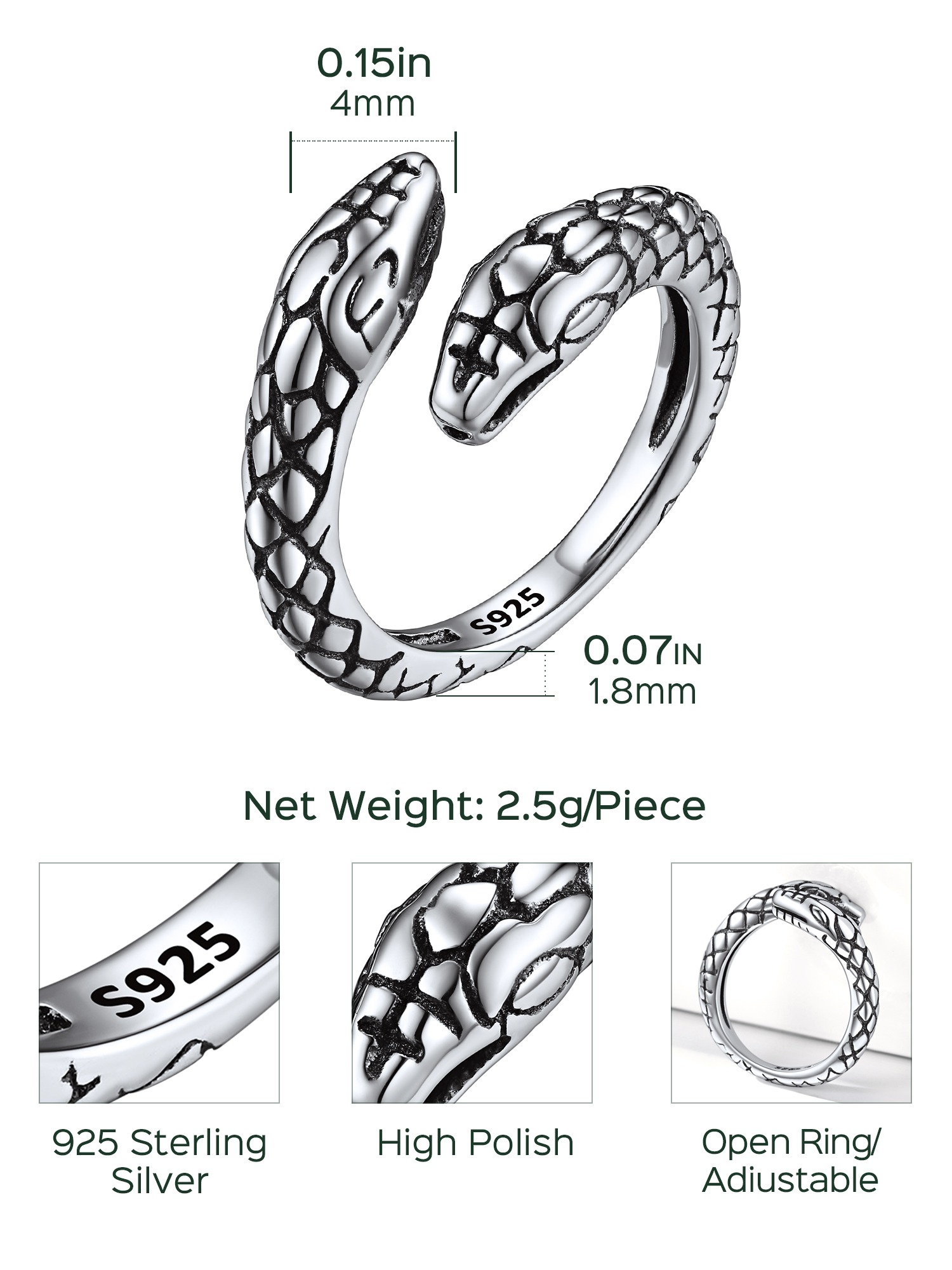 Snake Adjustable Open Toe Rings  Details: Dimensions, Hypoallergenic, Adjustable size