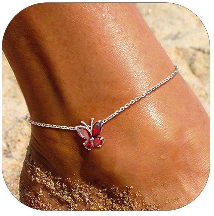 Sterling Silver Cute Butterfly Waterproof Jan. Birthstone Anklet for girlfriend