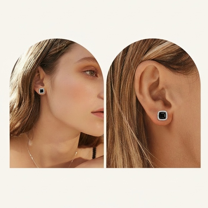 Black Square Sparkle Halo Birthstone Gemstone & Cubic Zirconia Stud Earrings for Women