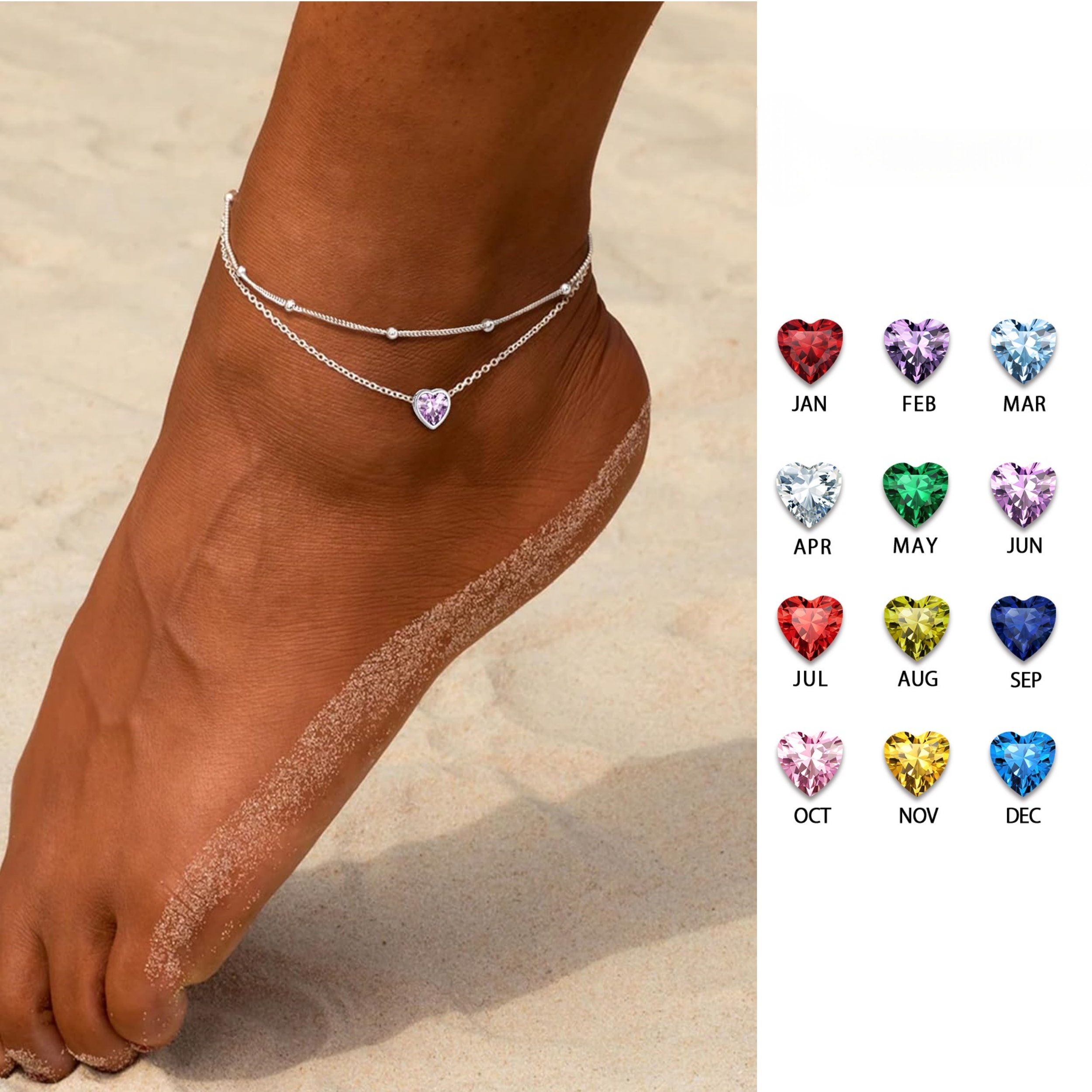 Bride Heart Birthstone Wedding Anklets for Women in Different Colors