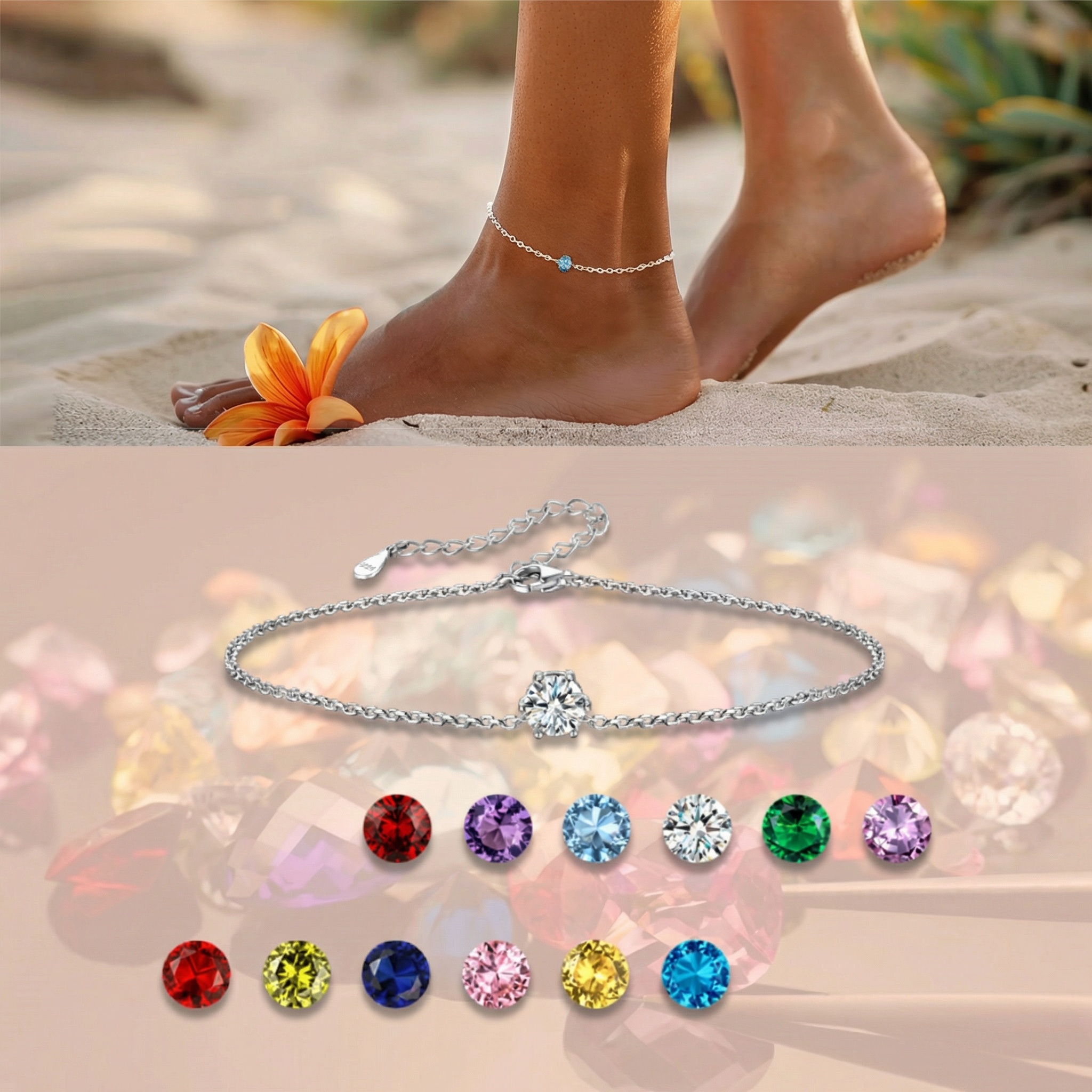 Simple Dainty Round Birthstone Ankle  for Women  in Different Month Colors