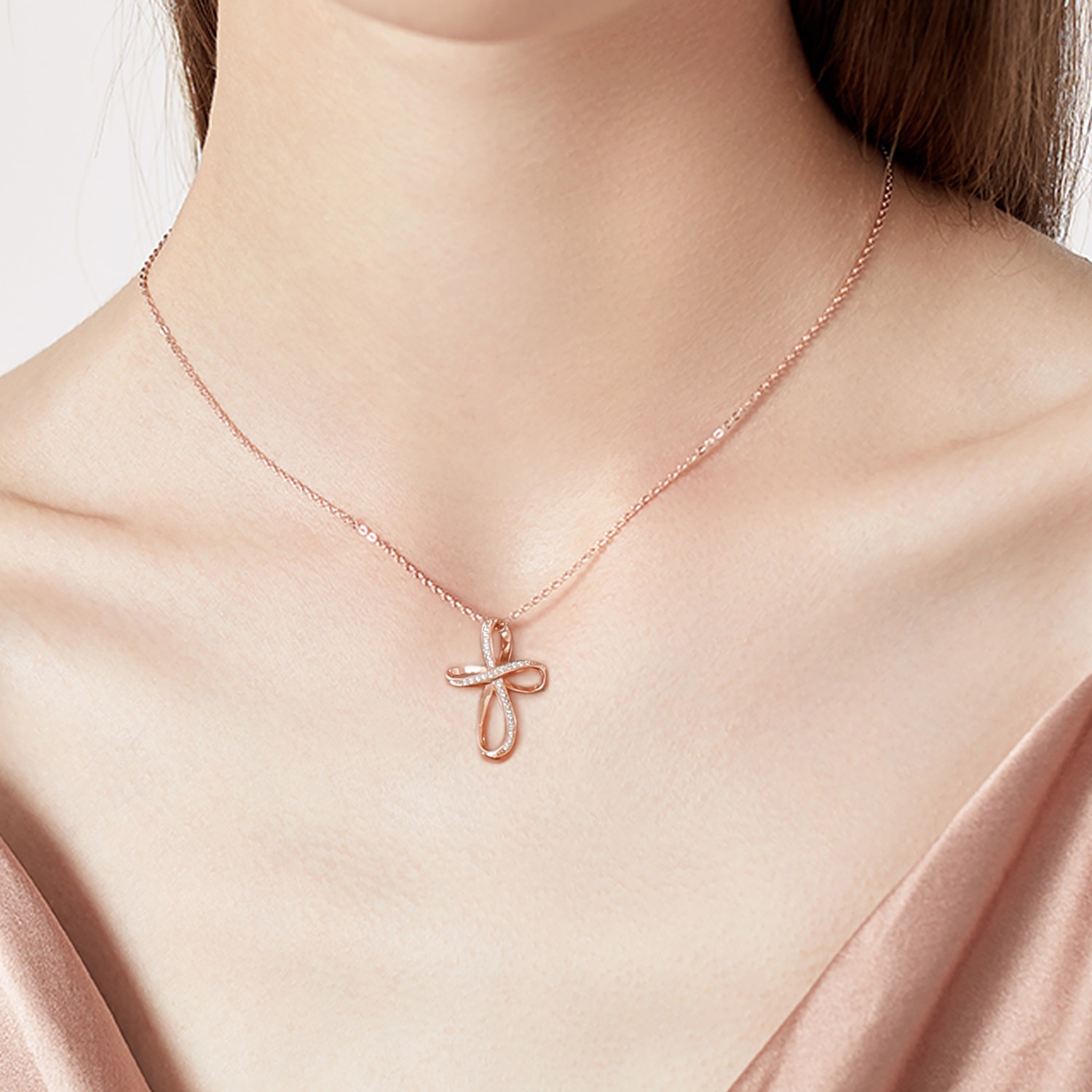 Rose Gold Cubic Zirconia Infinity Cross Adjustable Chain Necklace for Women, Ladies