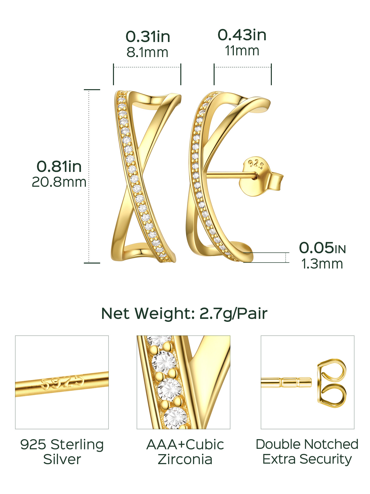 Sterling Silver  Cross X Zircon Stud Earrings for Her