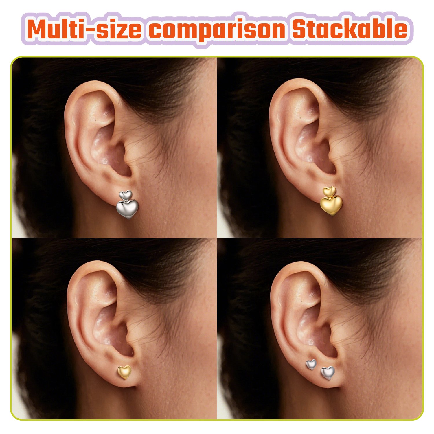 Two Silver Heart Puffy Dangle Studs Earrings for Women, Ladies, Mom, girlfriend, wife in Different Colors