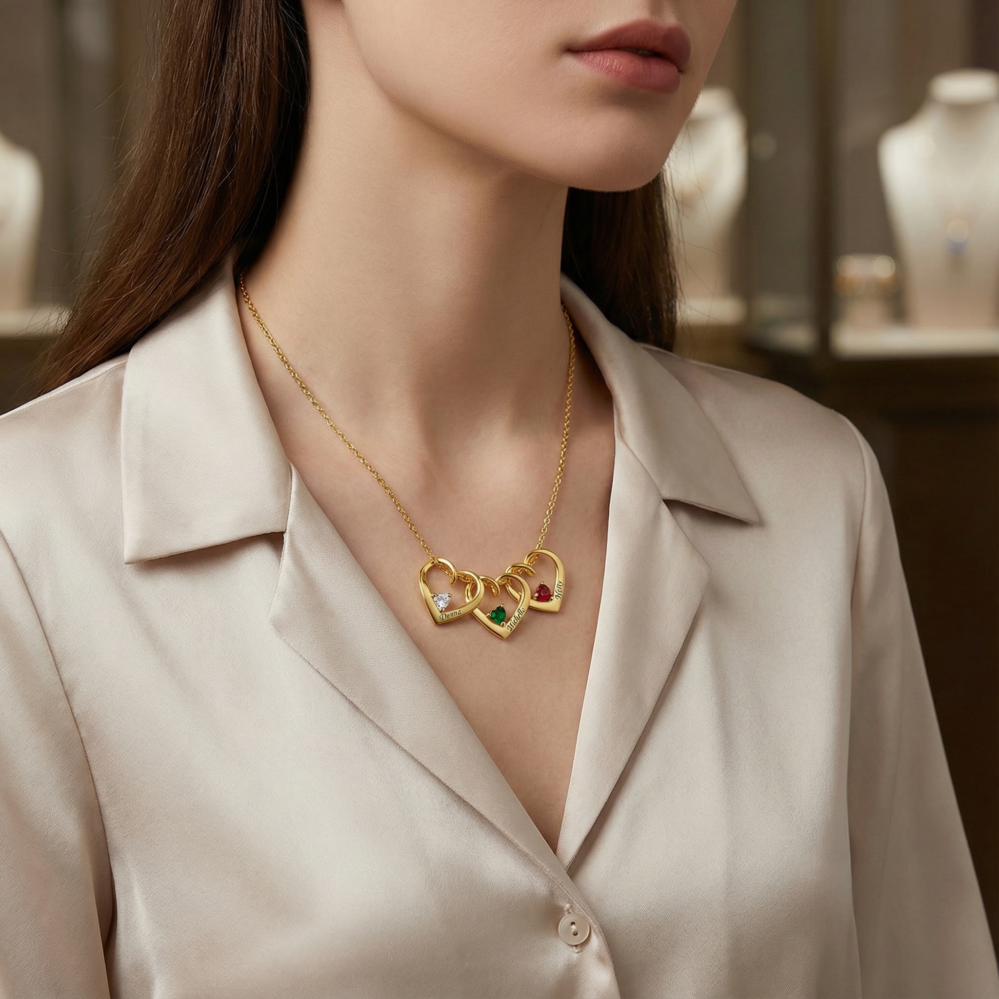 Personalized Dimensional heart birthstone necklace with engraved name for Women