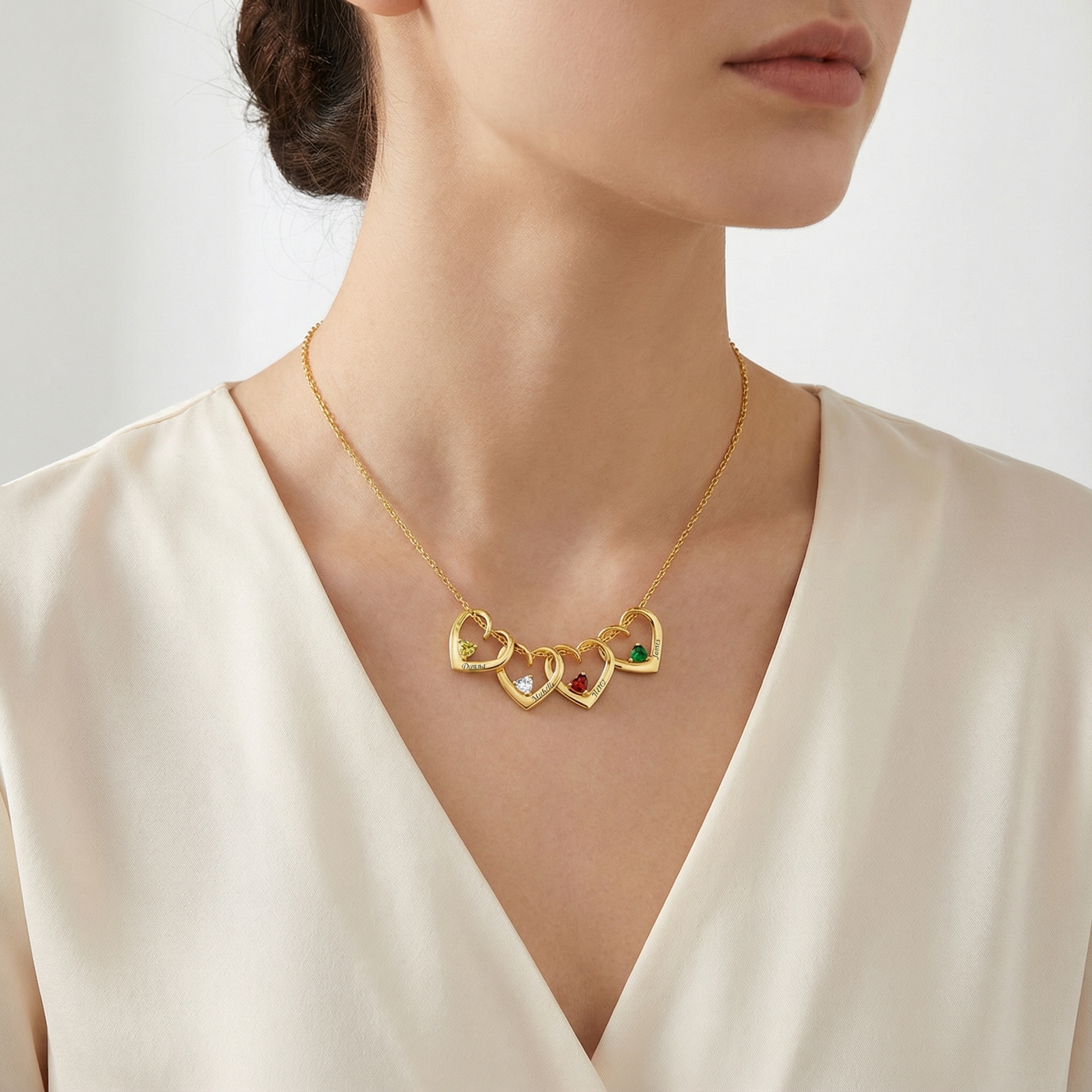 Personalized Dimensional heart birthstone necklace with engraved name for Women