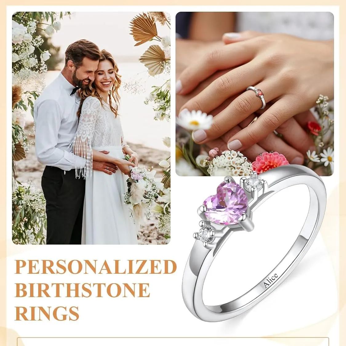 Personalized Heart 1-4 Birthstones Promise Ring  for  wife