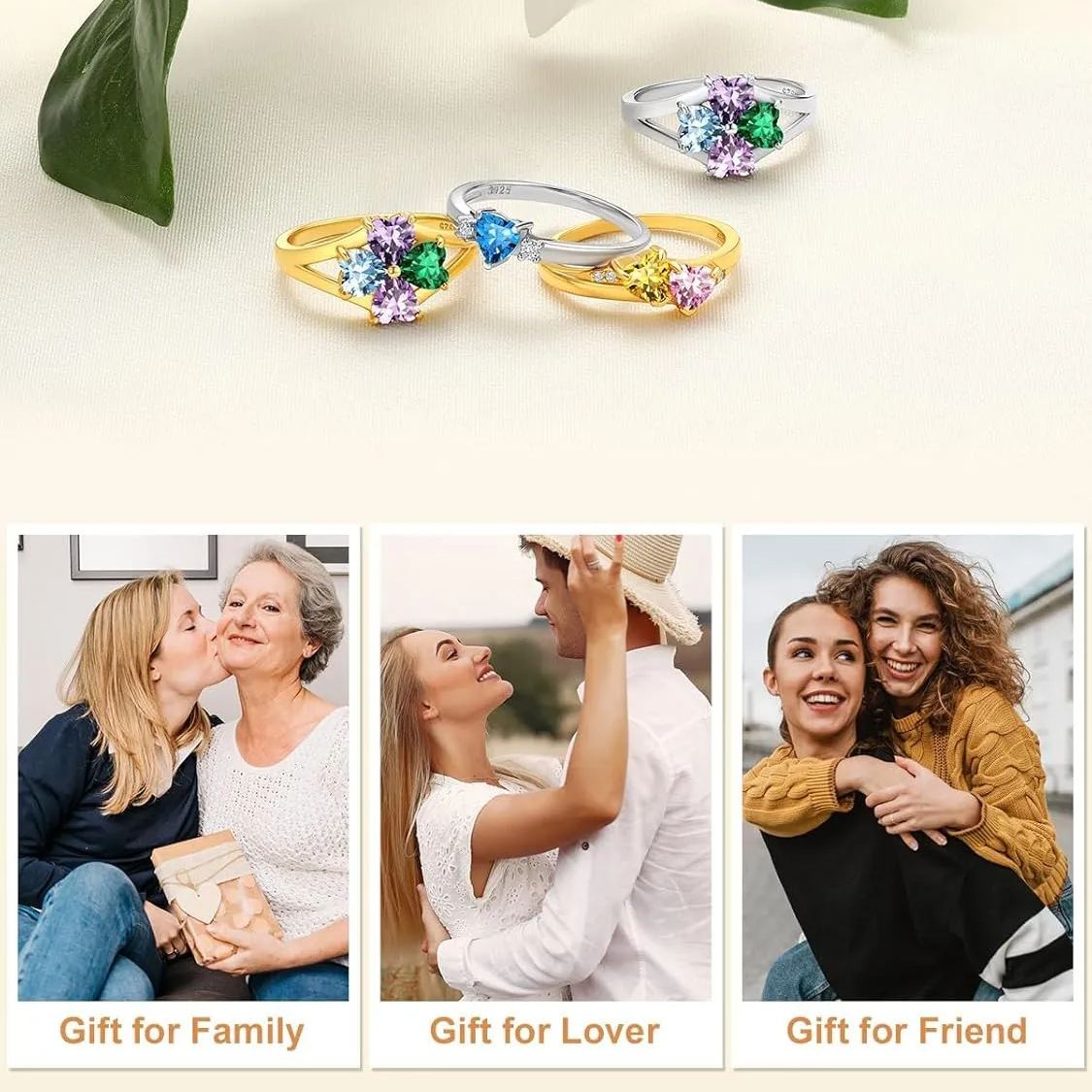 Personalized Heart 1-4 Birthstones Promise Ring, ChicSilver Jewelry gift Package, memorial gift