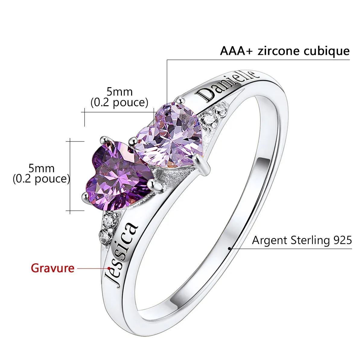 Personalized Heart 1-4 Birthstones Promise Ring Details: Dimensions, Hypoallergenic, Adjustable size for 6~11