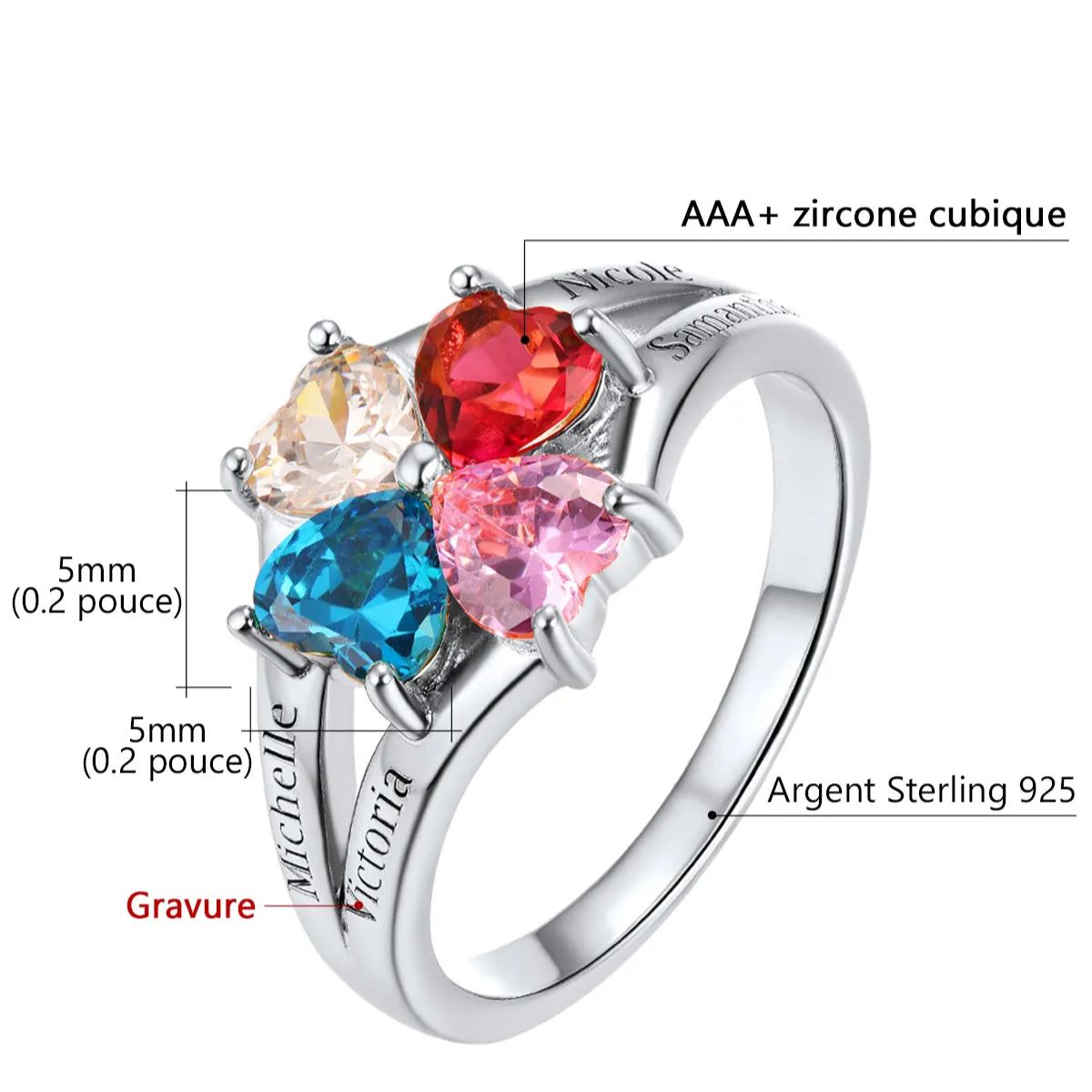 Personalized Heart 1-4 Birthstones Promise Ring Details: Dimensions, Hypoallergenic, Adjustable size for 6~11