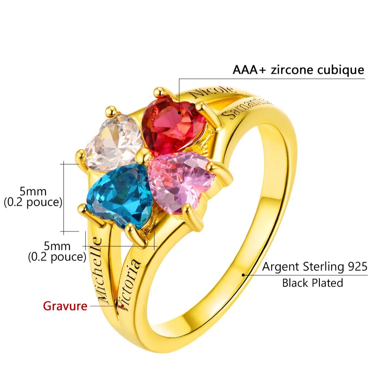Personalized Heart 1-4 Birthstones Promise Ring Details: Dimensions, Hypoallergenic, Adjustable size for 6~11