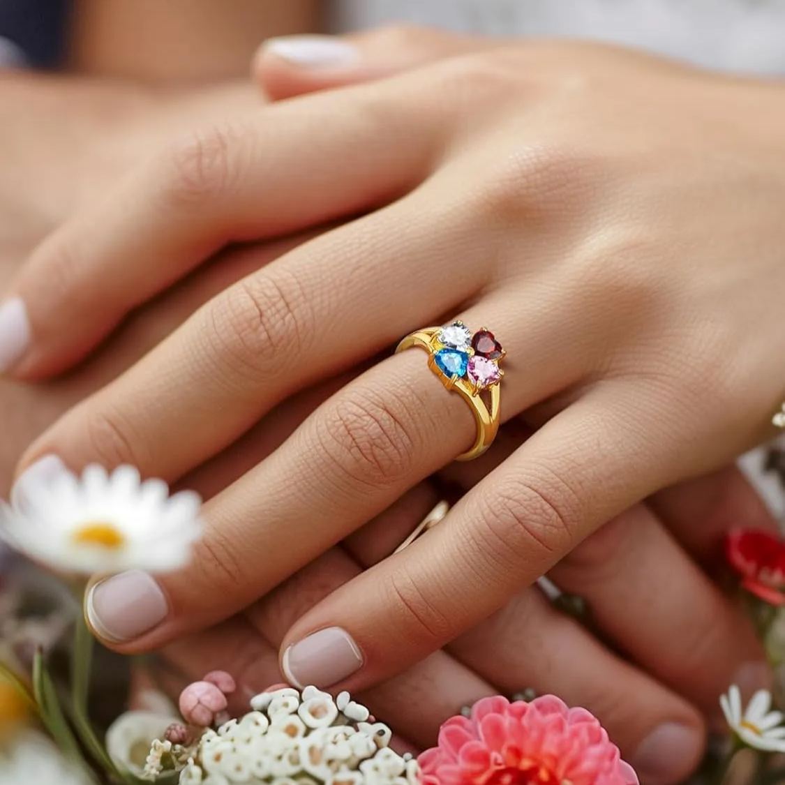 Personalized Heart 1-4 Birthstones Promise Ring for Women
