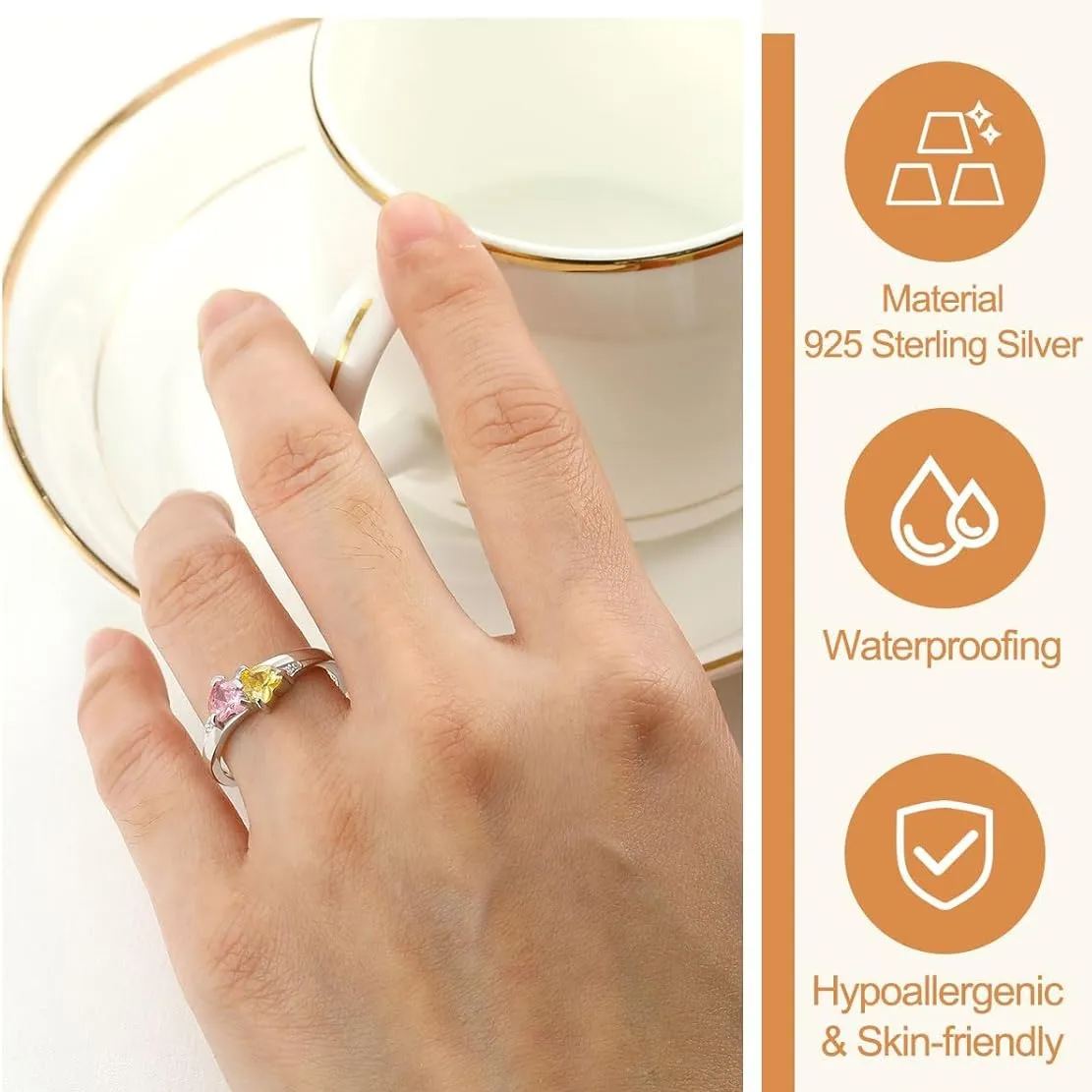 Sterling Silver Personalized Heart 1-4 Birthstones Promise Ring