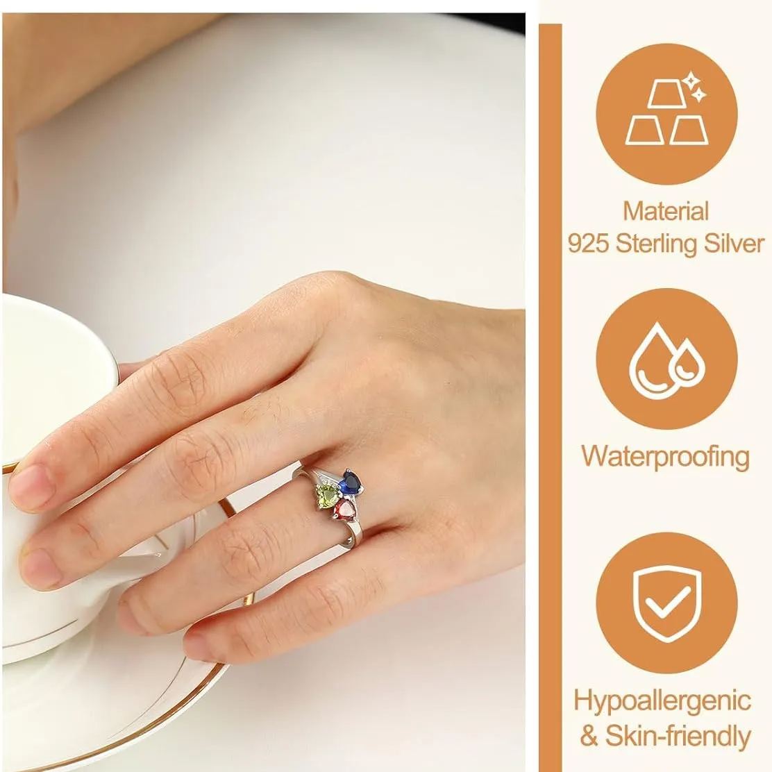 Sterling Silver Personalized Heart 1-4 Birthstones Promise Ring