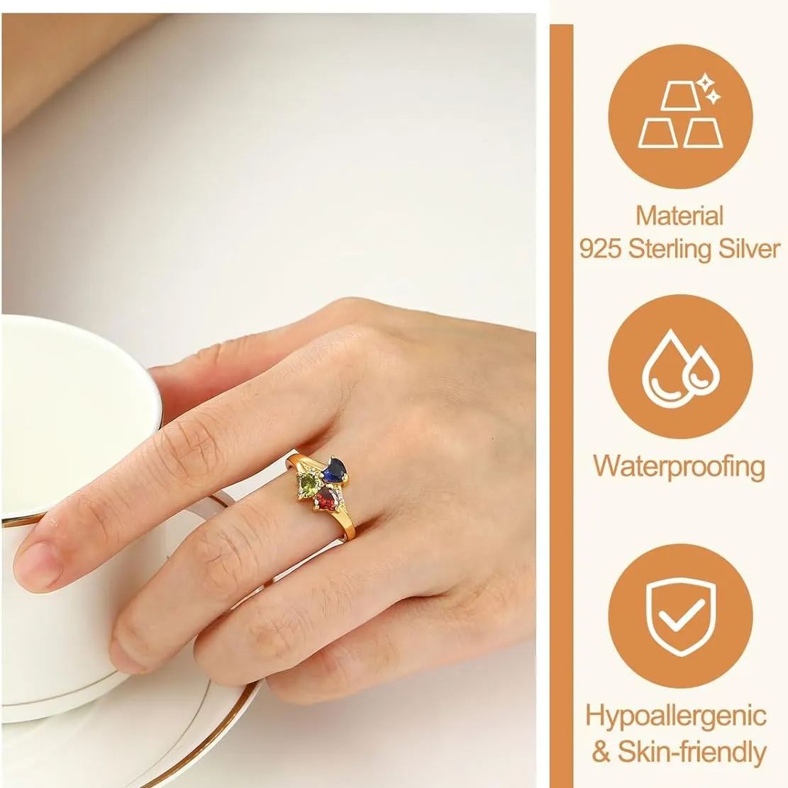 Sterling Silver Personalized Heart 1-4 Birthstones Promise Ring