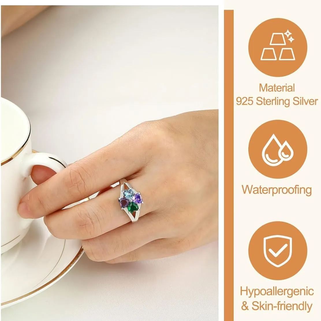 Sterling Silver Personalized Heart 1-4 Birthstones Promise Ring