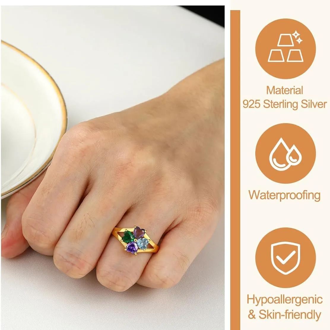 Sterling SilverPersonalized Heart 1-4 Birthstones Promise Ring