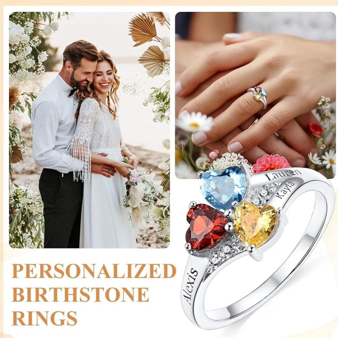 Personalized Heart 1-4 Birthstones Promise Ring  for  wife