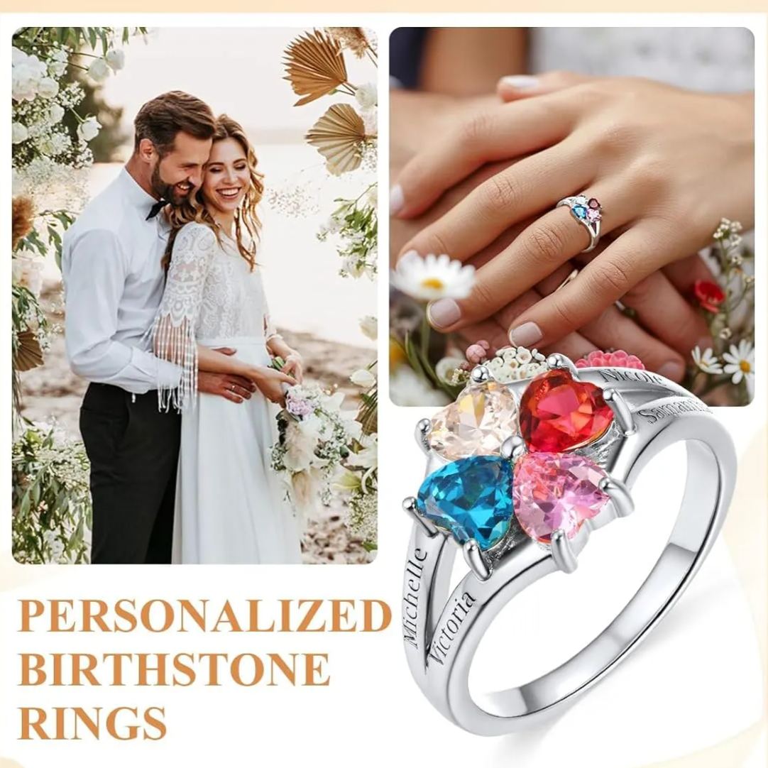 Personalized Heart 1-4 Birthstones Promise Ring  for  wife