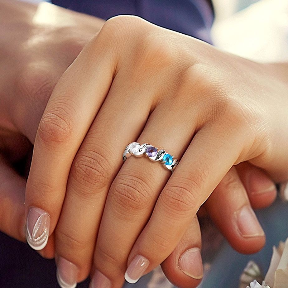 Personalized Birthstone Ring with Engraved Names  for Women
