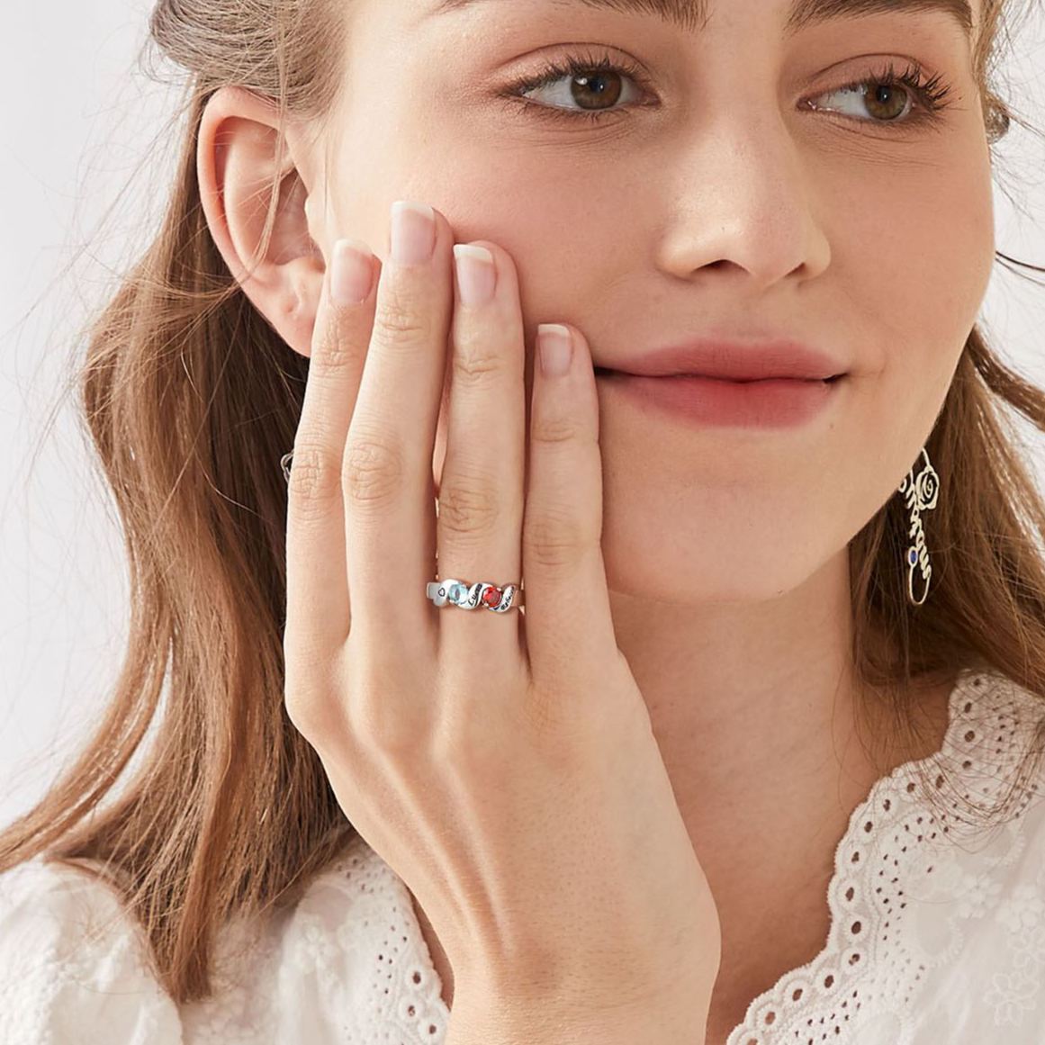 Personalized Birthstone Ring with Engraved Names  for Women