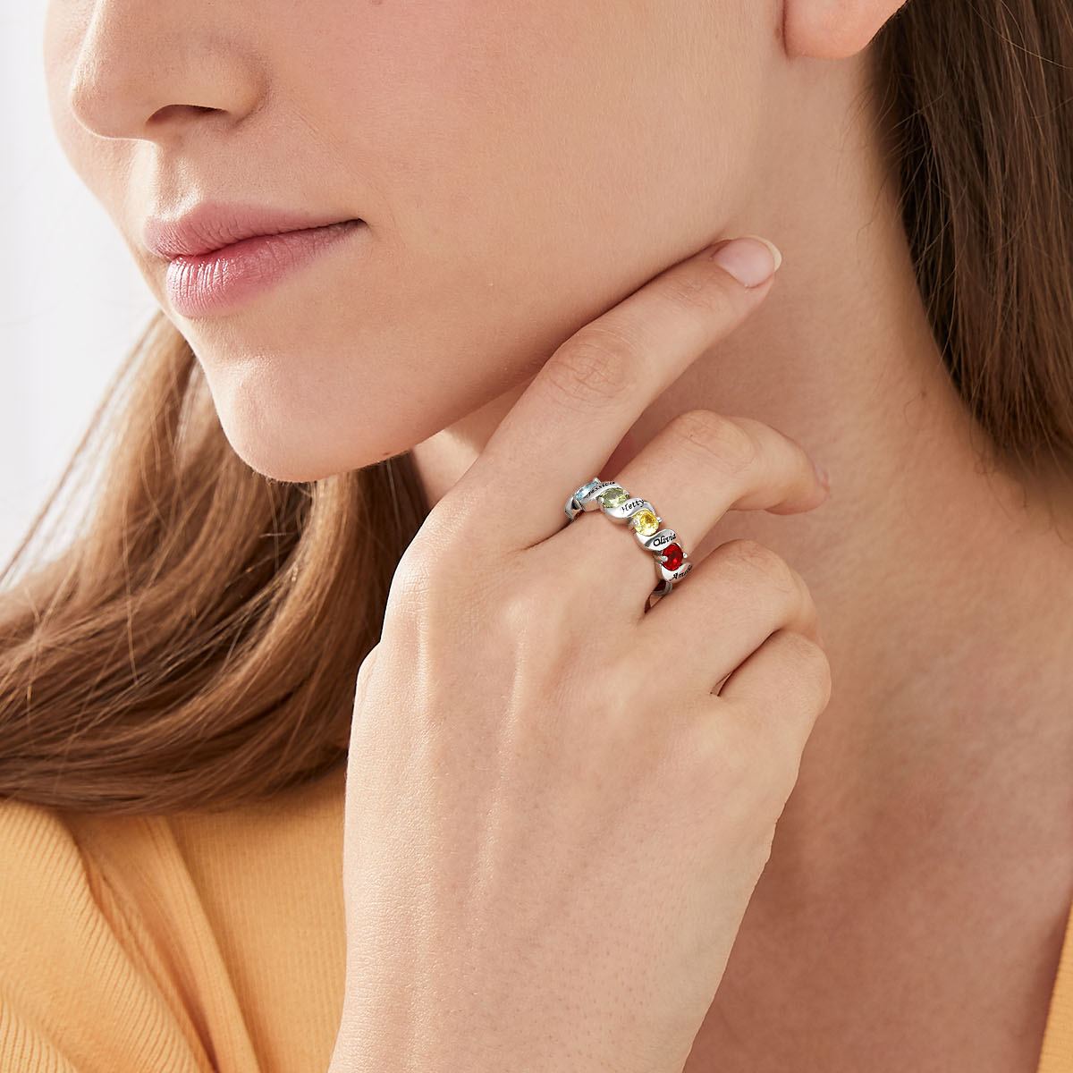 Personalized Birthstone Ring with Engraved Names  for Women