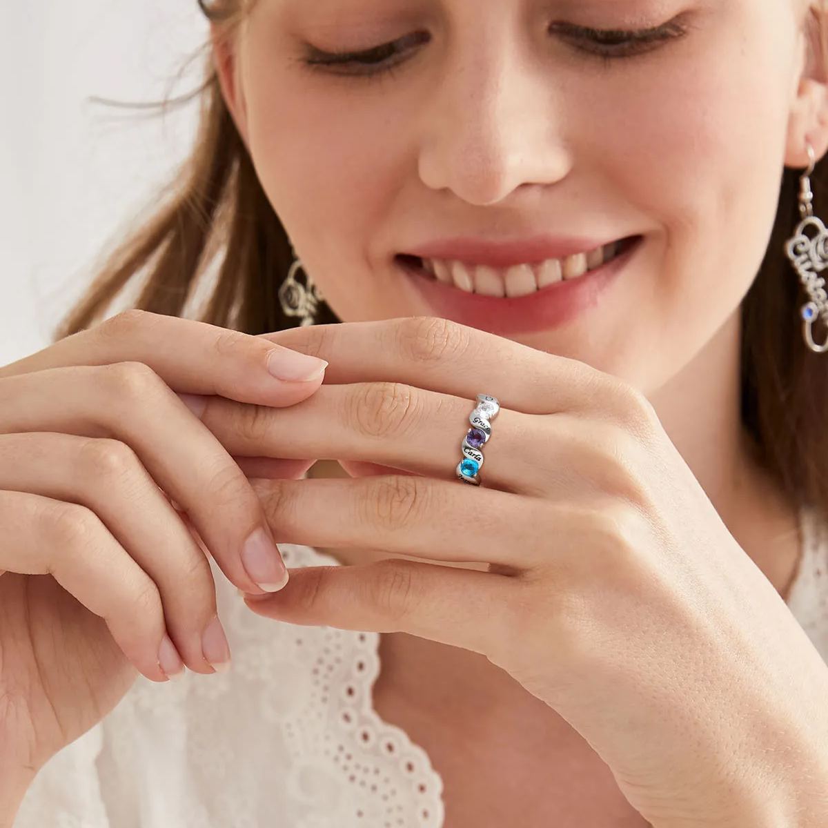 Personalized Birthstone Ring with Engraved Names  for Women