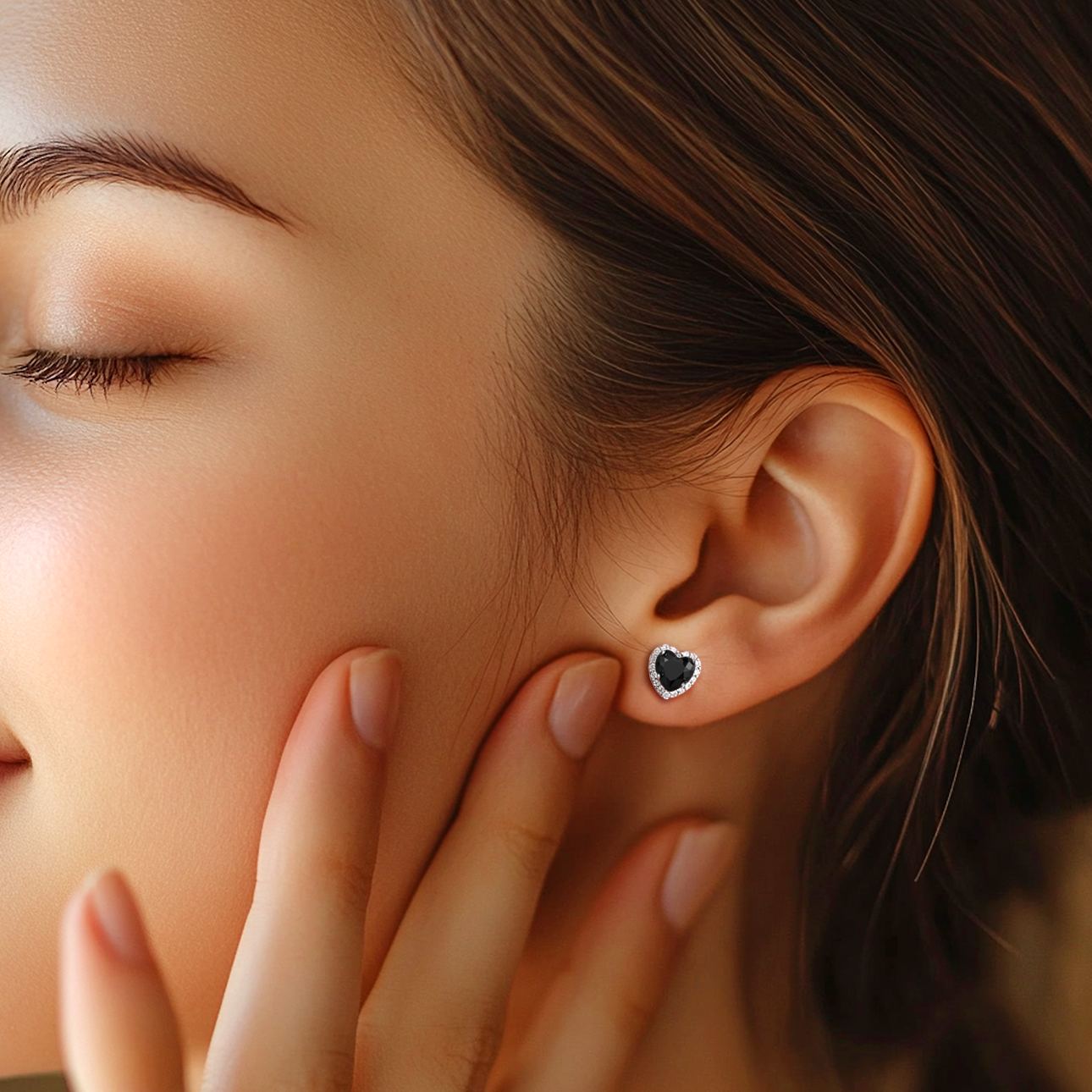 Black 5mm Heart Cut Birthstone with Cubic Zirconia Halo Stud Earrings for Women