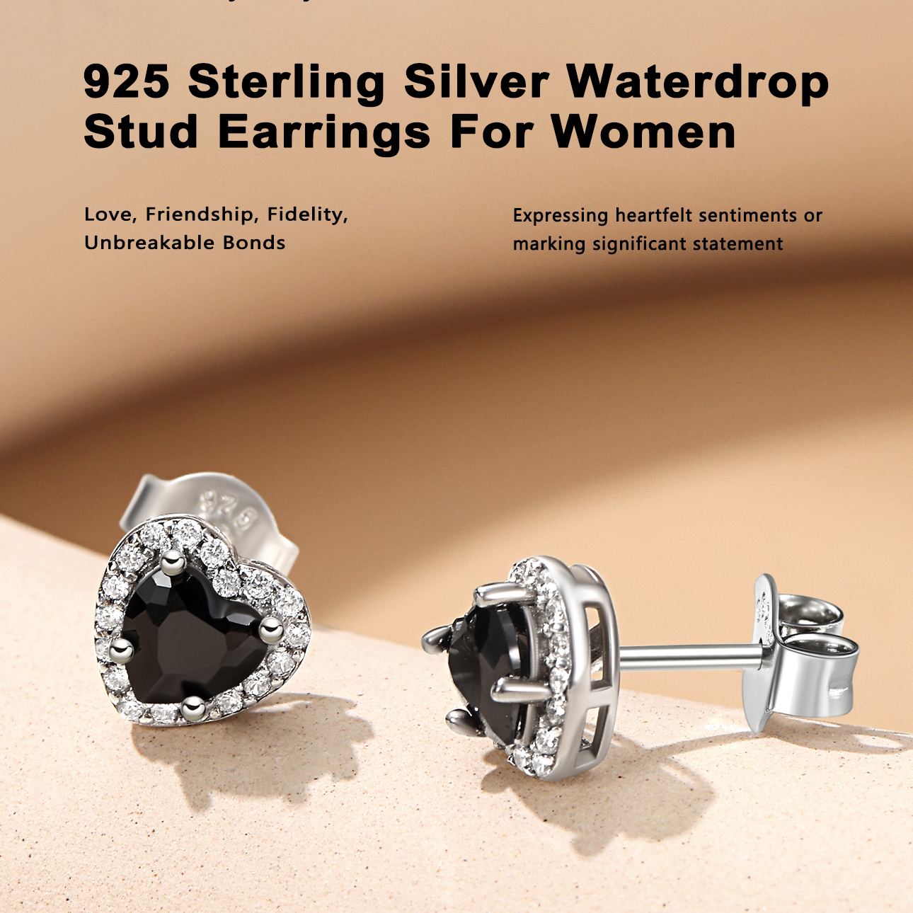 Sterling Silver Black 5mm Heart Cut Birthstone with Cubic Zirconia Halo Stud Earrings