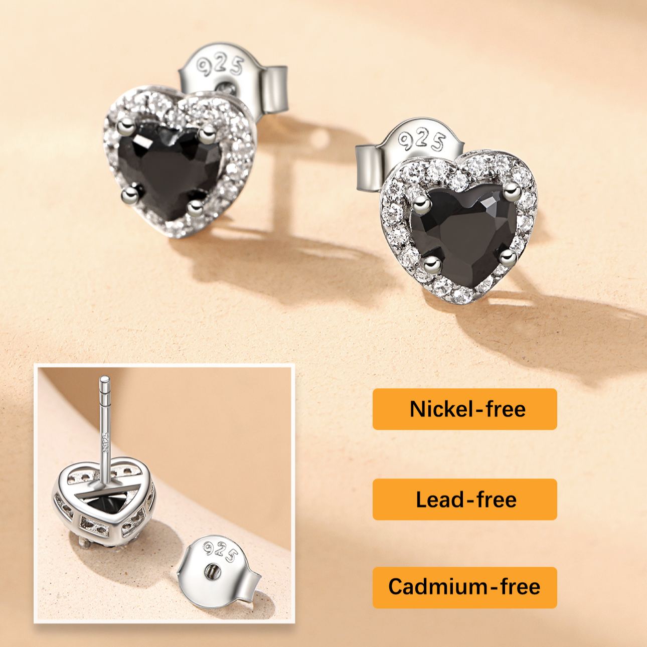 Black 5mm Heart Cut Birthstone with Cubic Zirconia Halo Stud Earrings