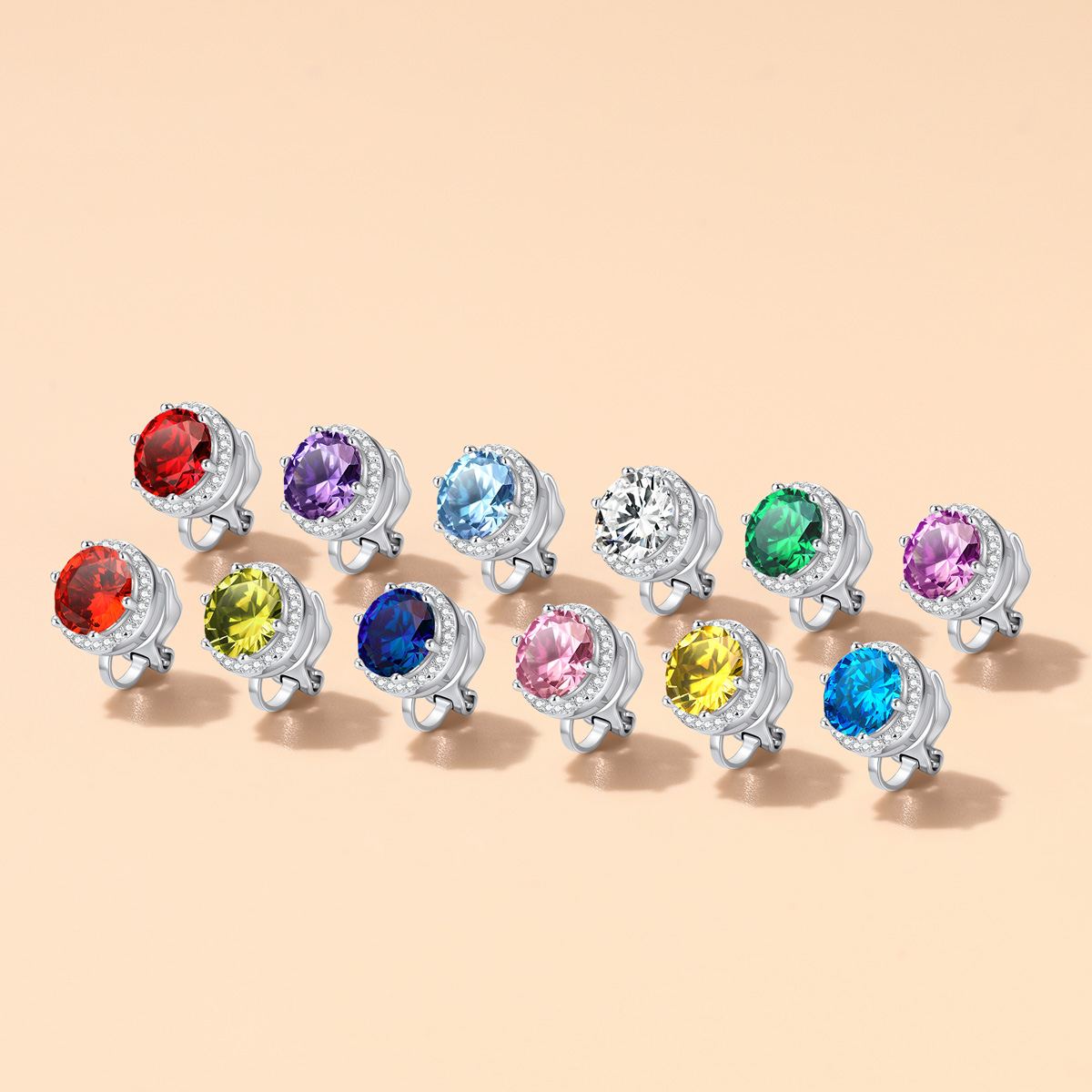 Sparkling Zirconia Round Birthstone Clip-on Earrings in Different Month Colors