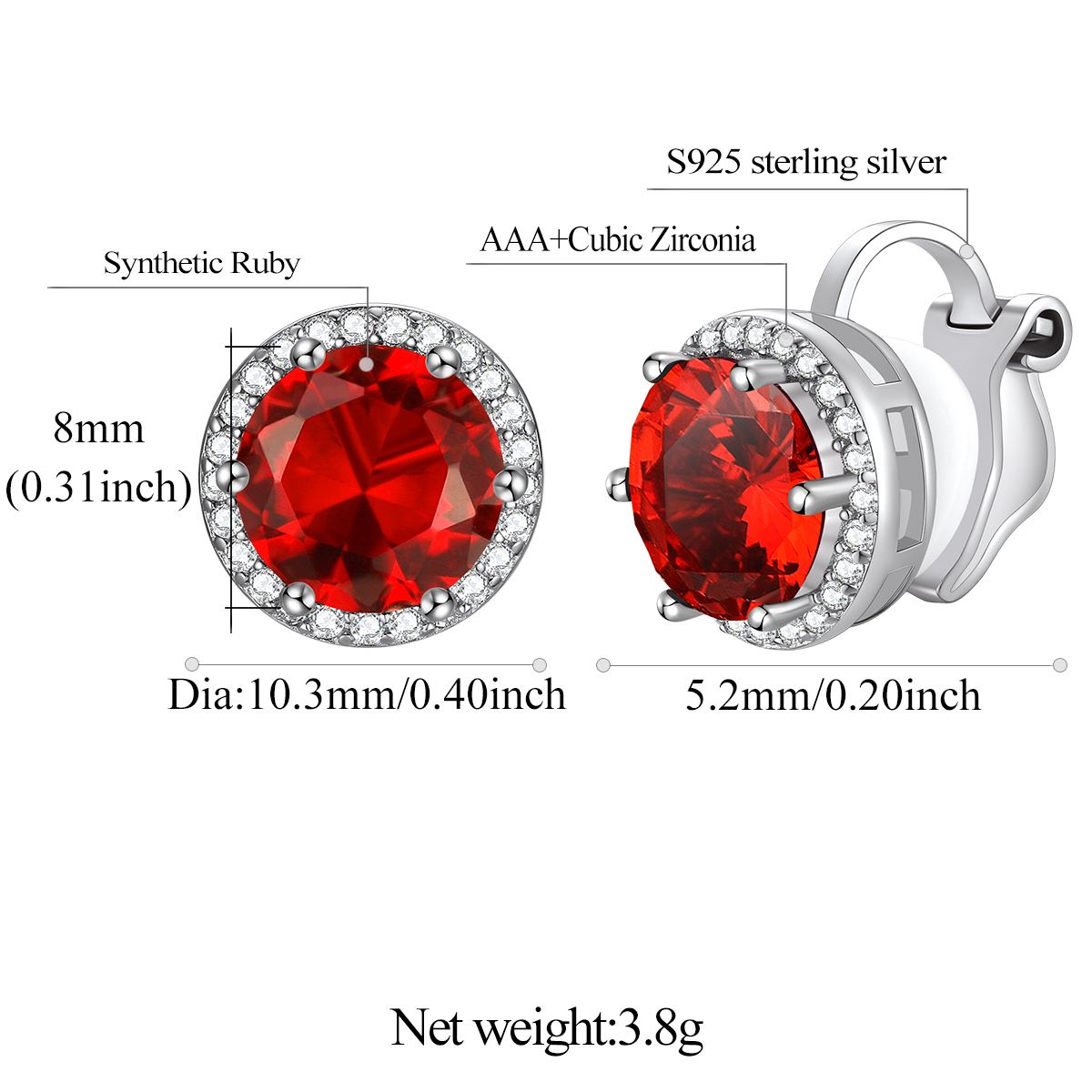 Sparkling Zirconia Round Birthstone Clip-on Earrings Details: Dimensions, Hypoallergenic, Clip On