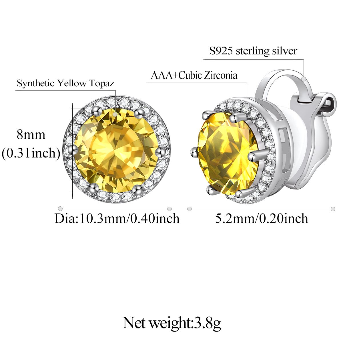 Sparkling Zirconia Round Birthstone Clip-on Earrings Details: Dimensions, Hypoallergenic, Clip On