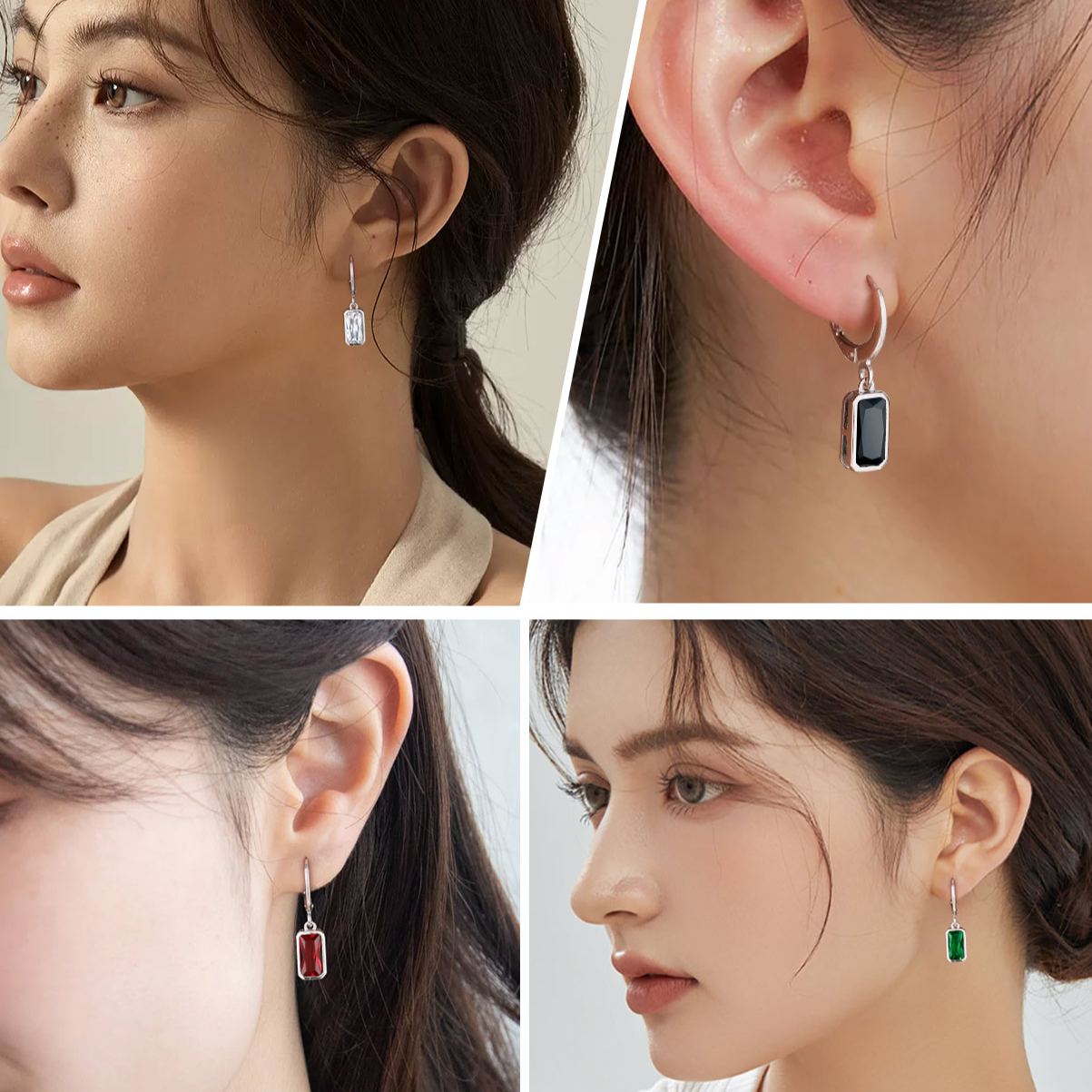 Tiny Cute Emerald Cut Birthstone Hoop Dangle Earrings for Women