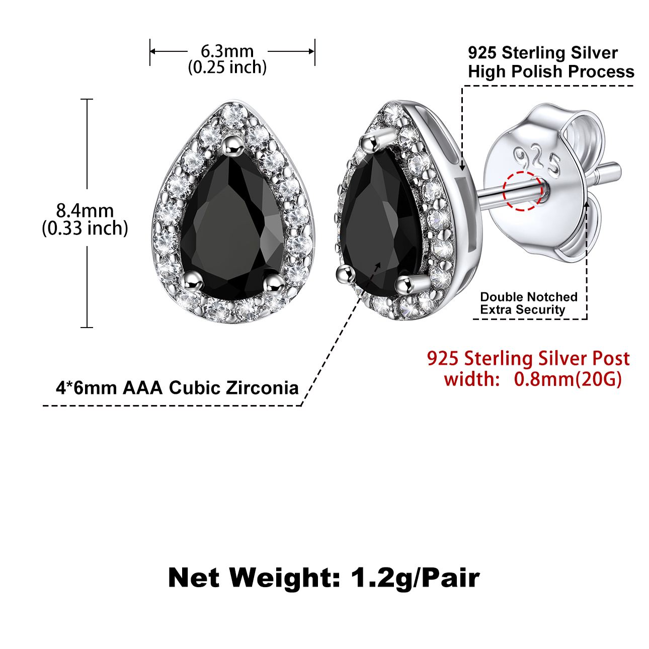 Black Teardrop Stone Halo Stud Earrings Details: Dimensions, Hypoallergenic, Push Back Finding