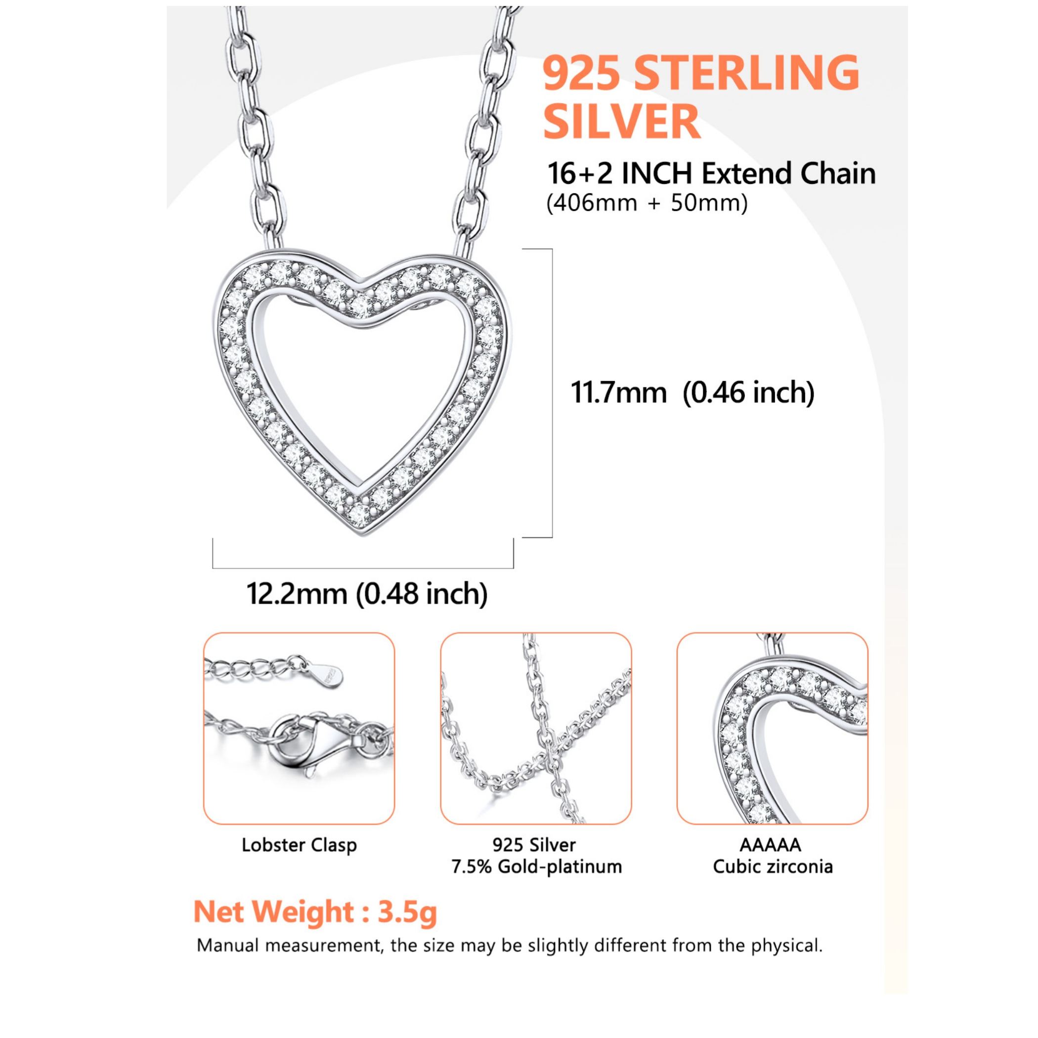Heart Cubic Zirconia Pendant with Adjustable Chain Necklace Details: Dimensions, Hypoallergenic, Lobster-Claw-Clasps