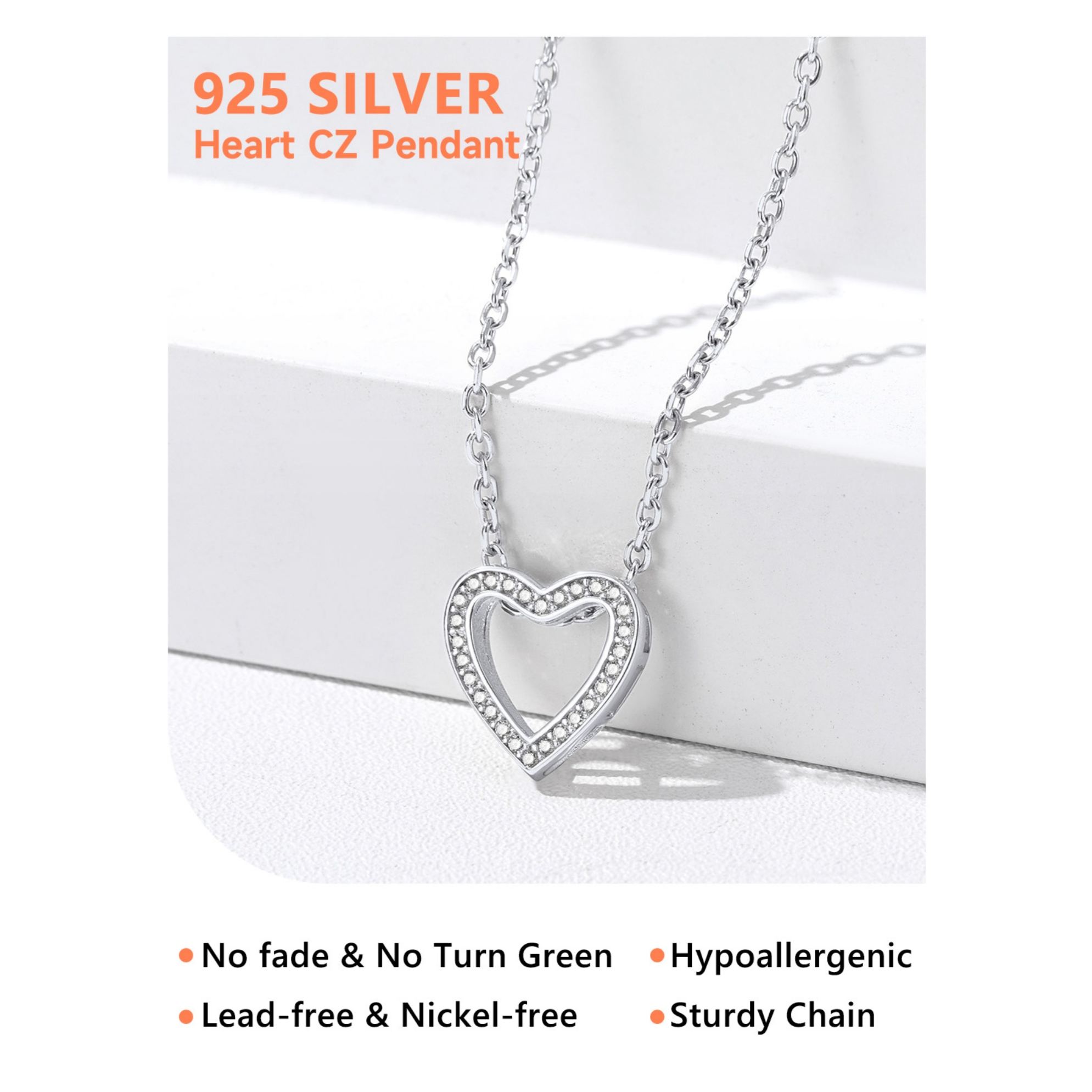 Sterling Silver  Heart Cubic Zirconia Pendant with Adjustable Chain Necklace