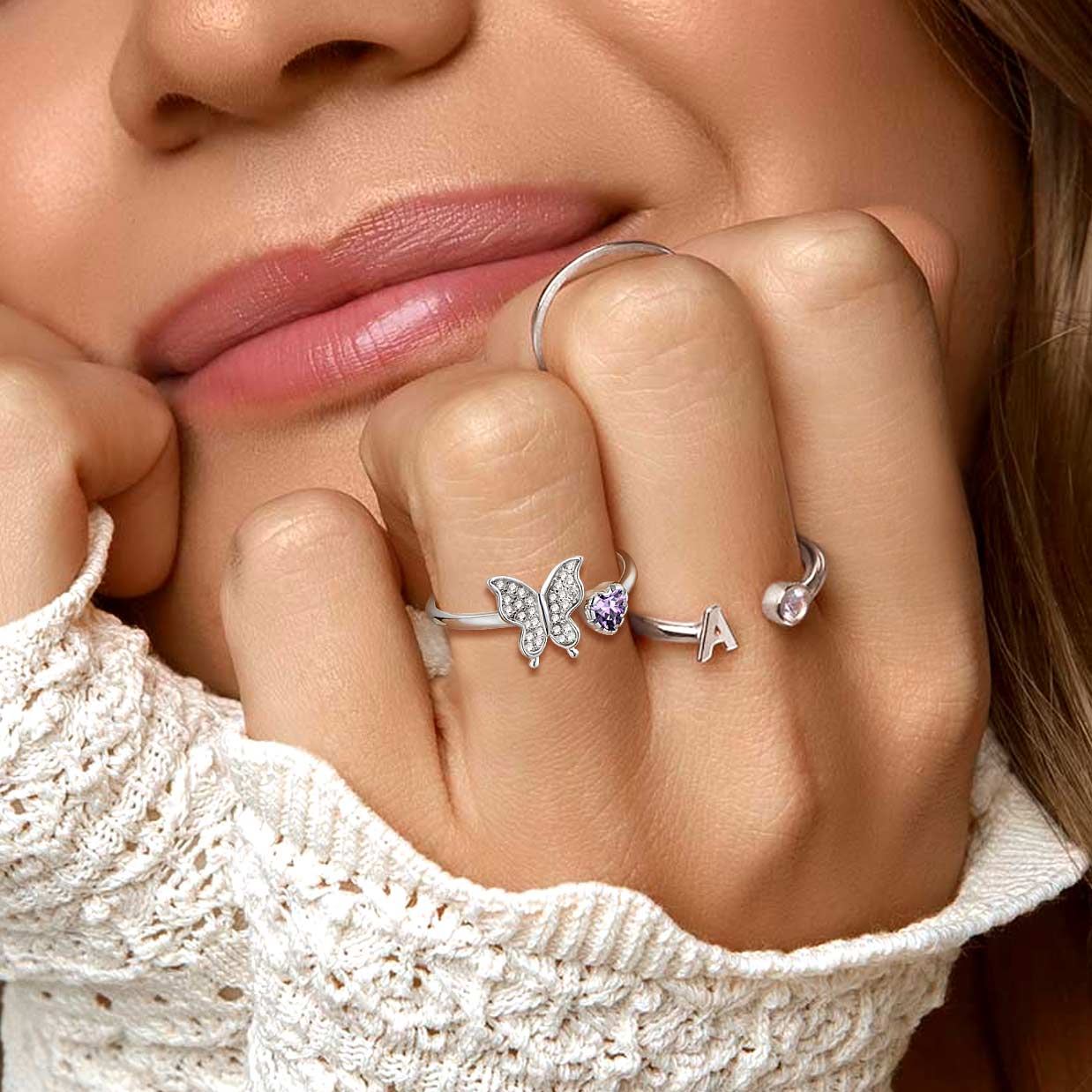 Butterfly & Heart Birthstone Cubic Zirconia Adjustable Rings for Women/girlfriend/Mother