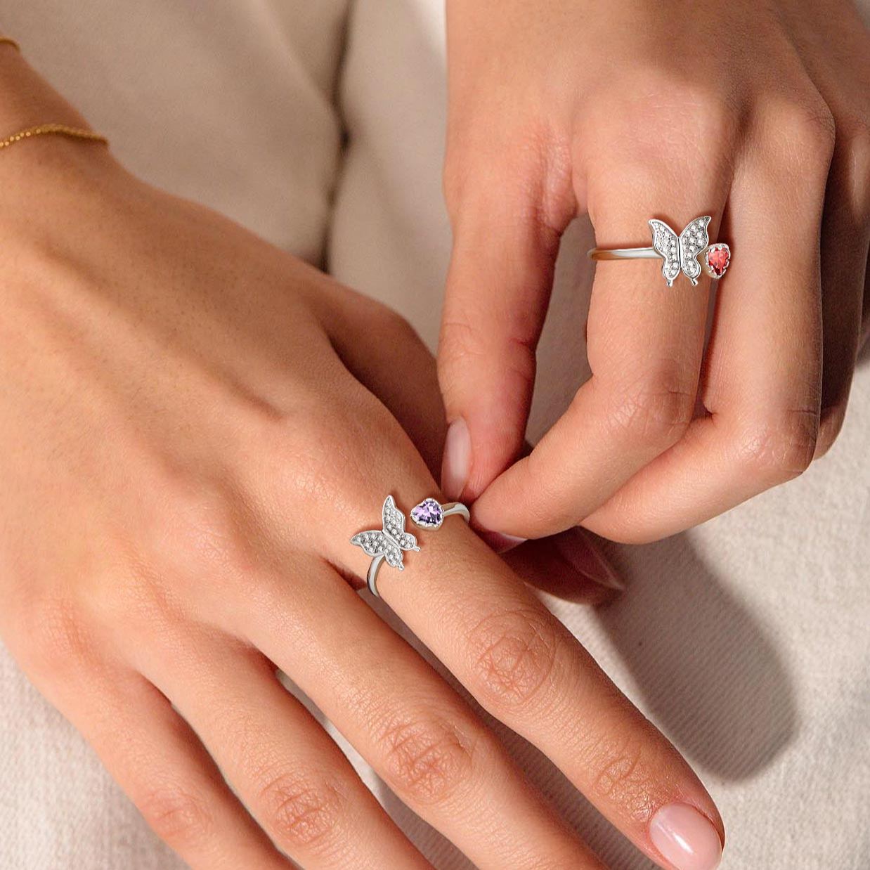 Butterfly & Heart Birthstone Cubic Zirconia Adjustable Rings for Women/girlfriend/Mother
